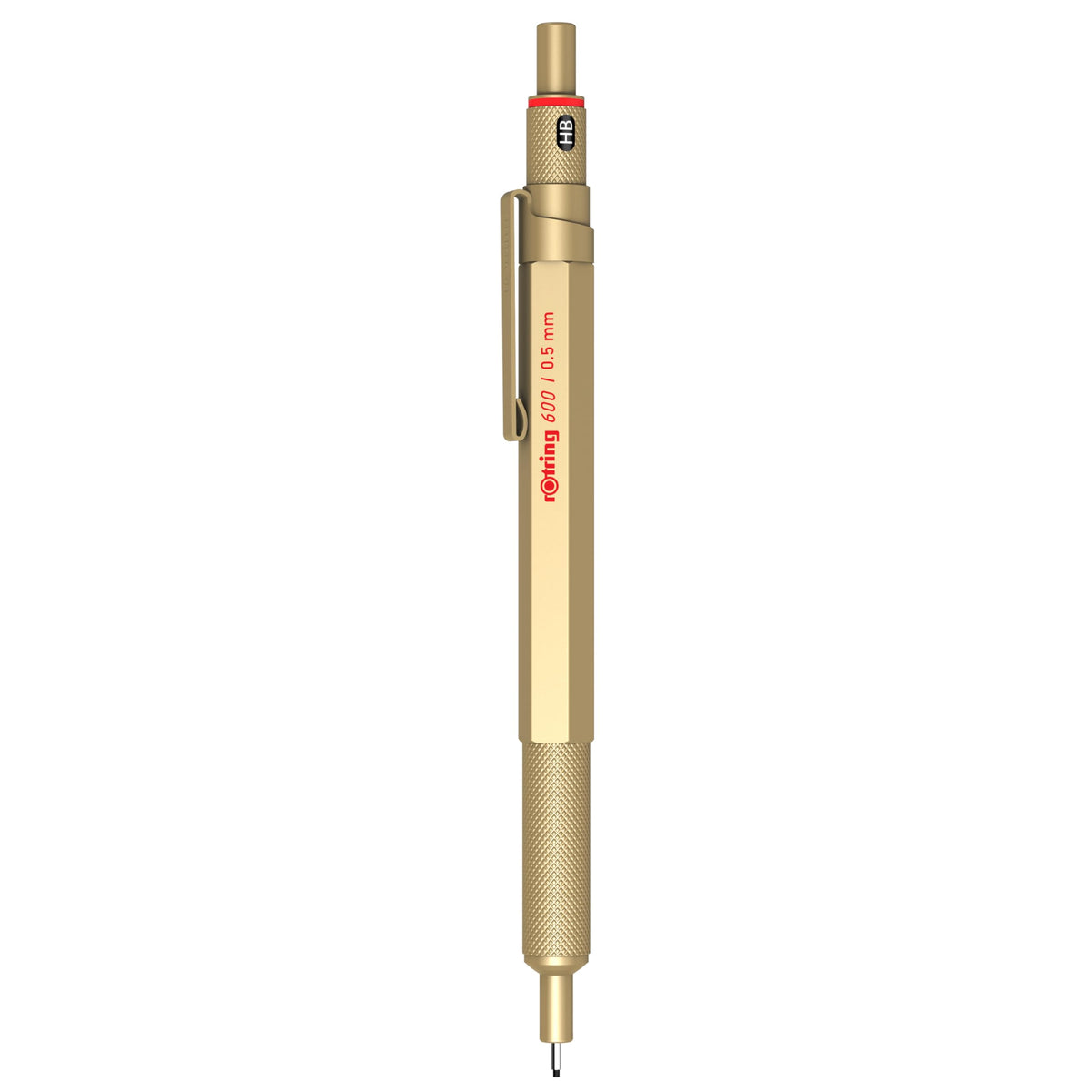 rOtring 600 Mechanical Pencil | HB Lead 0.5 mm | Twist Mechanism Pencil with Full Metal Body | Gold | Non-slip Knurled Grip Zone and Hexagonal Shaft - 2158796