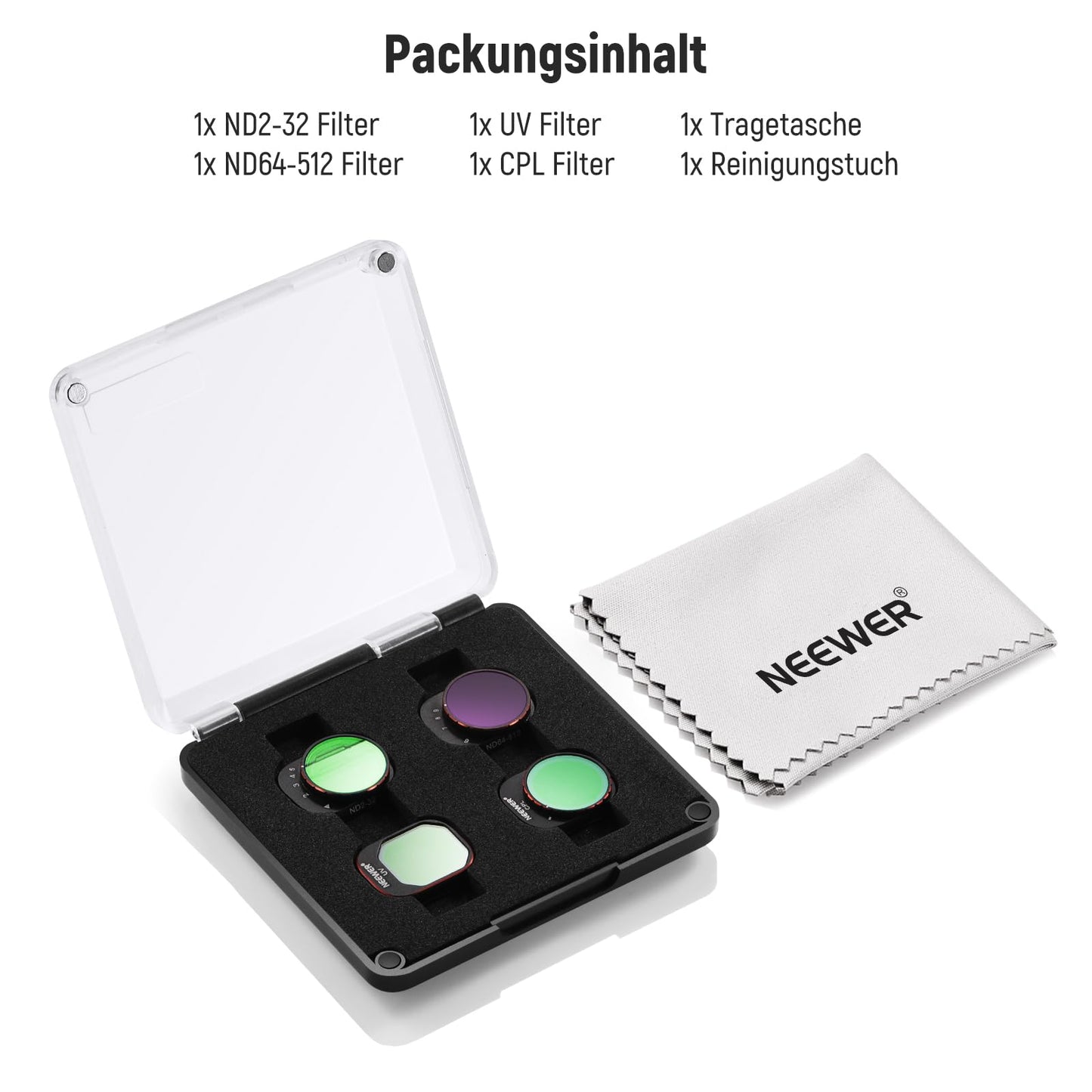 NEEWER Variable ND filter set compatible with DJI Mini 4 Pro, 4 pack ND2-ND3 (1-5 f-stops)/ND64-ND512 (6-9 f-stops) VND/CPL/UV filter drone lens accessories, optical HD glass/aluminum frame - FL-33