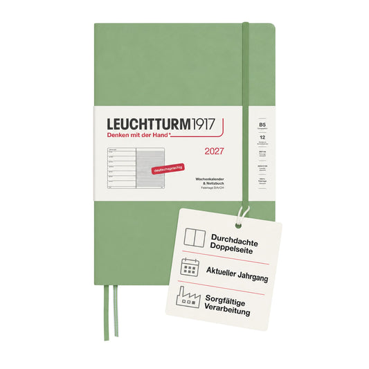 LEUCHTTURM1917 Weekly Calendar 2027 Composition (B5) with Notebook - German Diary, Sage, January-December 2027, Weekly Overview on the Left + Notes Page on the Right - 400042