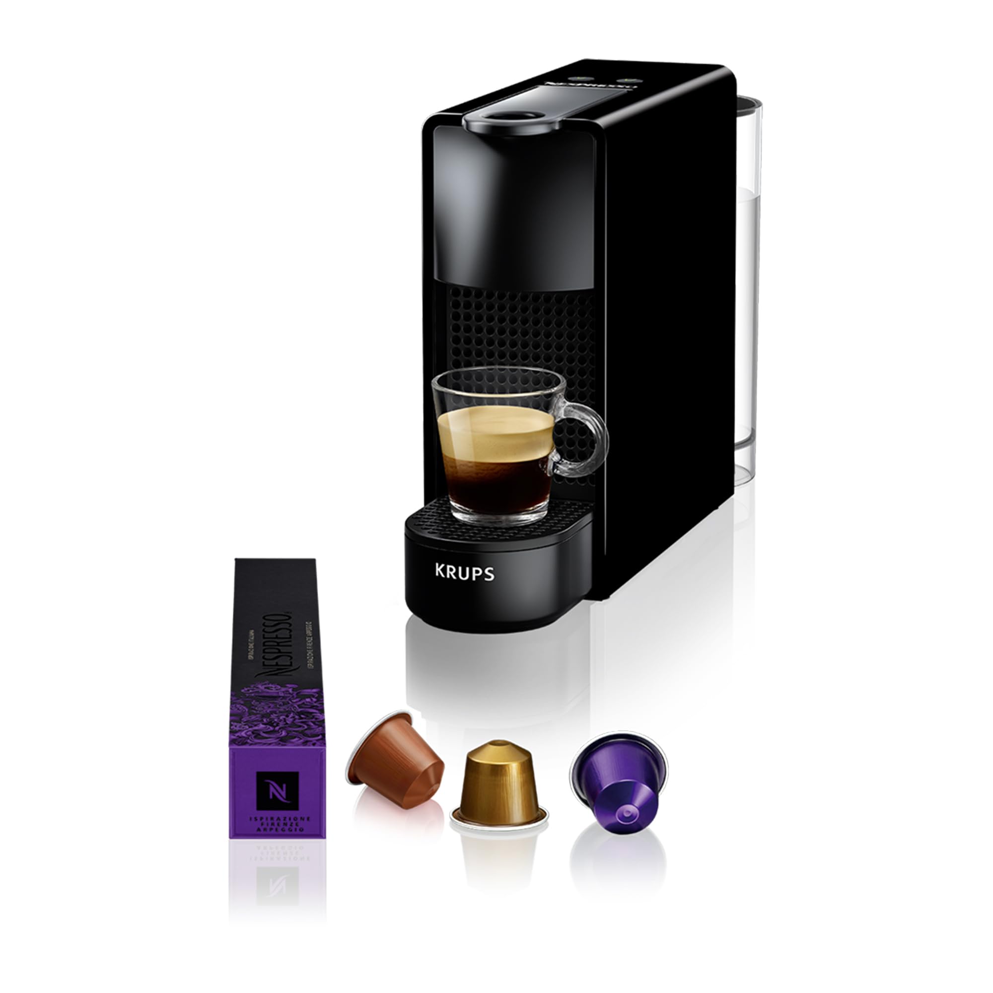 Nespresso Krups Essenza Mini coffee capsule machine, 7 capsules, 19 bar, energy saving mode, 1260 watts, 0.6 l water tank volume, very small housing, black, energy class A, XN1108 - XN110810