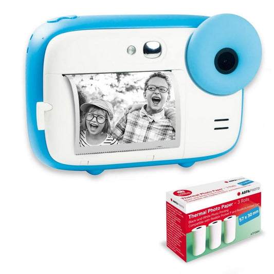 AGFA Photo Realikids Instant Cam + 3 rolls of thermal paper, ATP3WH – Instant camera for kids, 2.4-inch LCD display, lithium battery, selfie mirror, and photo filters – Blue - BARKICBL