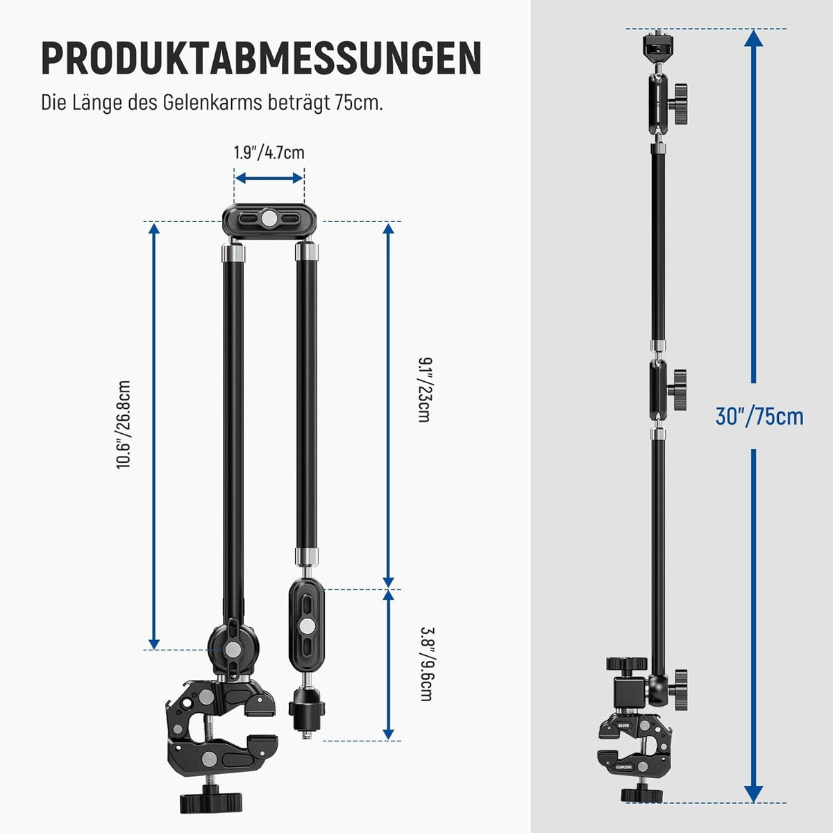 NEEWER 30" Swivel Arm with Desk Clamp/Action Camera Mount/Phone Holder, Microphone Boom Stand for Overhead Cameras, compatible with GoPro, iPhone, DSLR, Webcam, and Microphone, UA056 - 10107118
