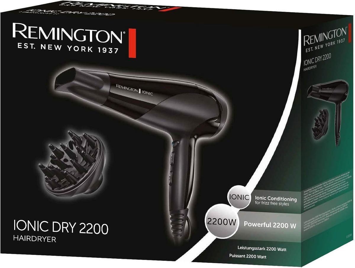 Remington Hair Dryer Ions [lightweight, diffuser & styling nozzle] black (2200W, ceramic ions: gentle styling & even heat distribution, 3 heat & 2 separate fan speeds + cool shot) D3198 - 45711560100
