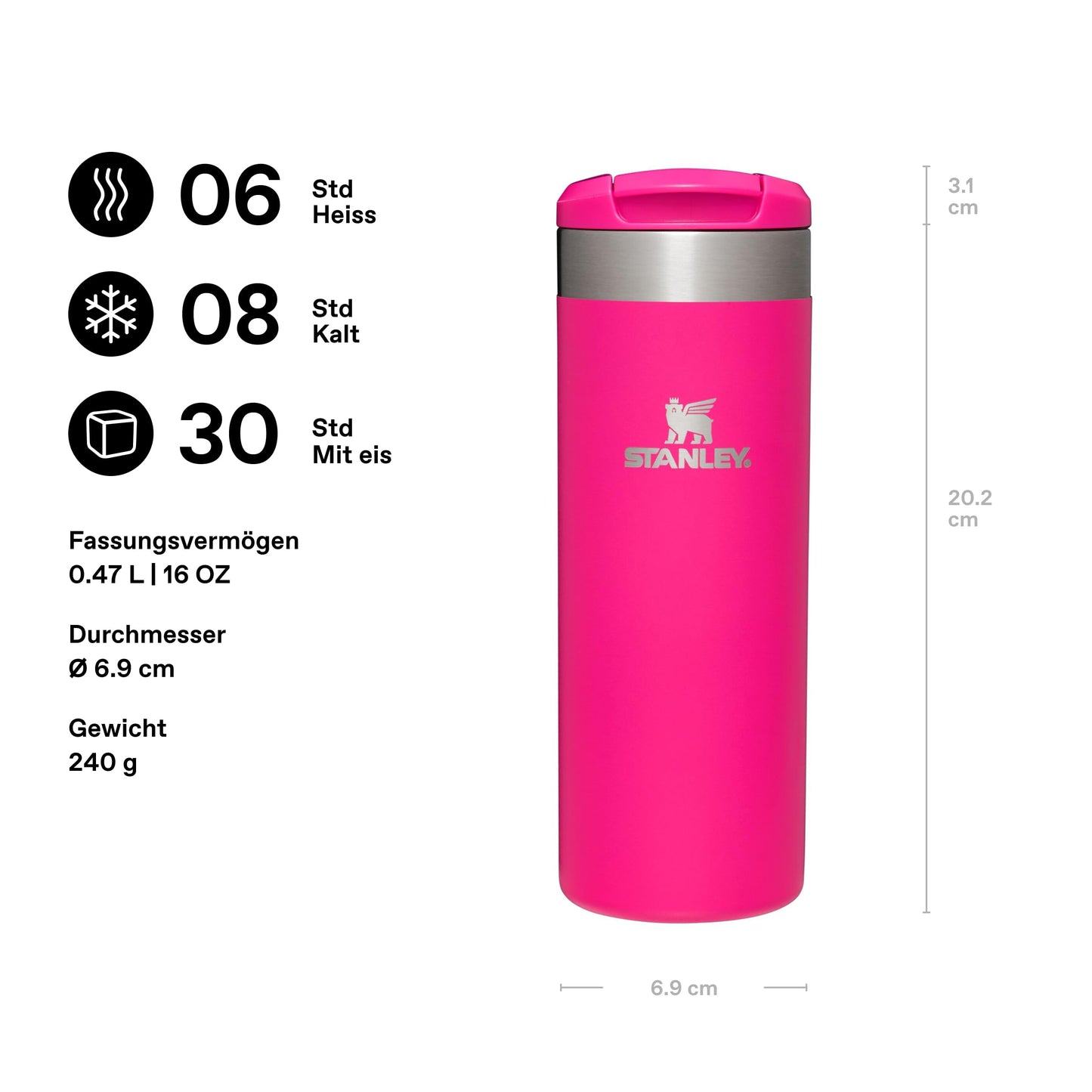 Stanley 1913 Aerolight Transit Thermo Mug 0.47L - Keeps Hot for 6 Hours - Dishwasher Safe - Coffee Mug To Go Leak-Proof - Compatible with Common Car Drink Holders - Thermos Flask - Pink - 100000004551