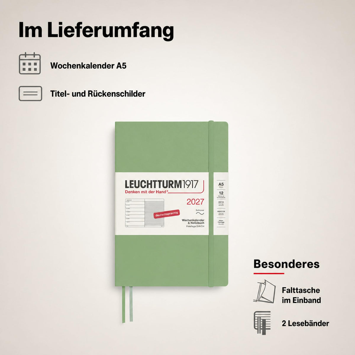 LEUCHTTURM1917 calendar săptămânal 2027 mediu (A5) cu caiet - planificator de întâlniri germană, salvie, copertă moale, ianuarie-decembrie 2027, prezentare săptămânală în stânga + pagina de note în dreapta - 400071