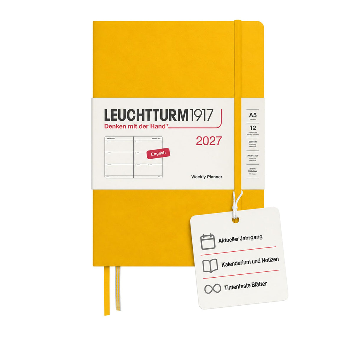 LEUCHTTURM1917 Calendar săptămânal 2027 Mediu (A5) - Engleză, Floarea-soarelui, Hardcover, 145 x 210 mm, 12 luni - ianuarie-decembrie 2027, 1 săptămână pe pagină dublă, hârtie de 80 g/m² cu compatibilitate ridicată cu cerneală - 400271