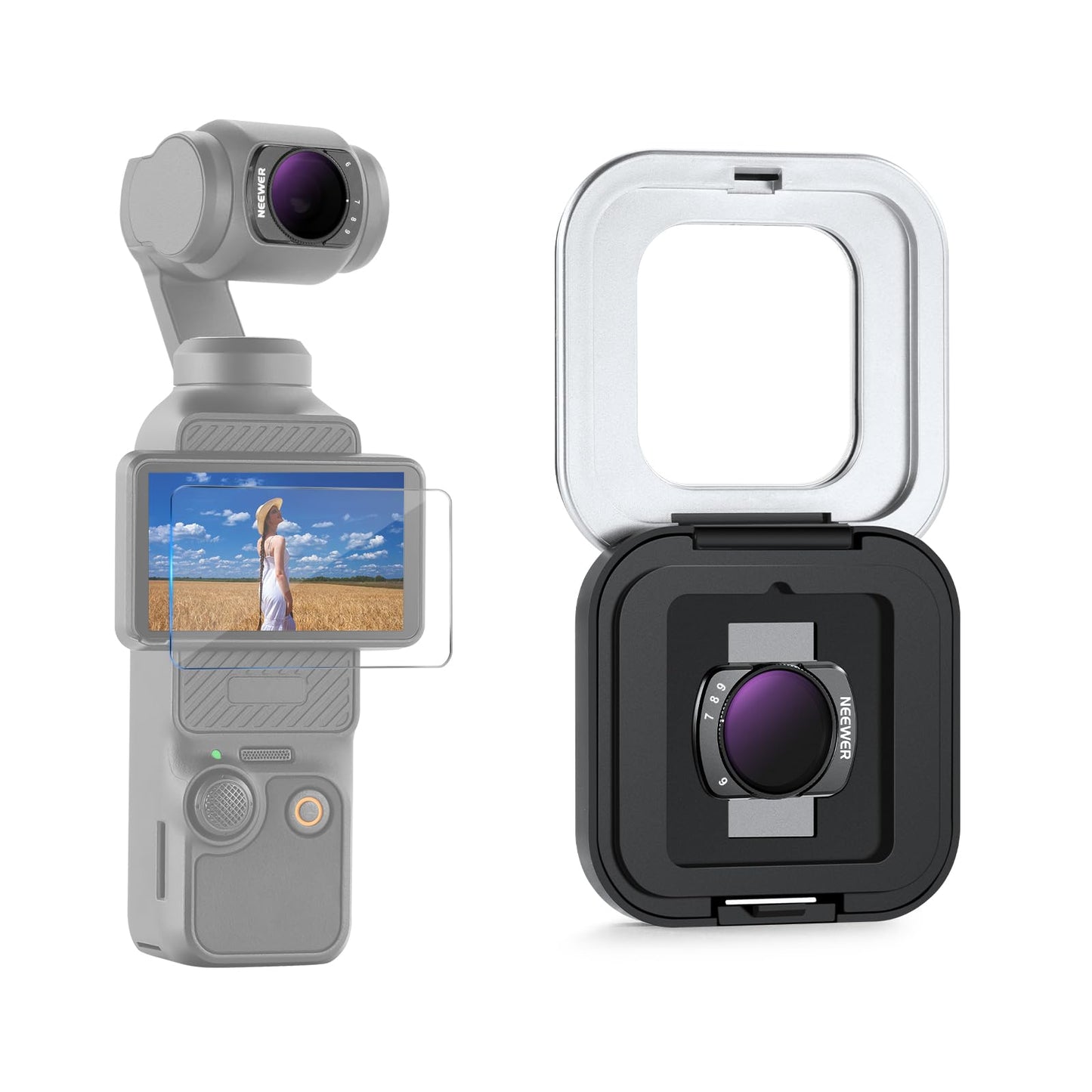NEEWER Variable ND Filter, Compatible with DJI Osmo Pocket 3 /Pocket 4 /Xtra Muse, Magnetic, Multi-Coated ND64-512 Neutral Density Action Camera Lens Filter with Screen Protector and Bag - FL-C60