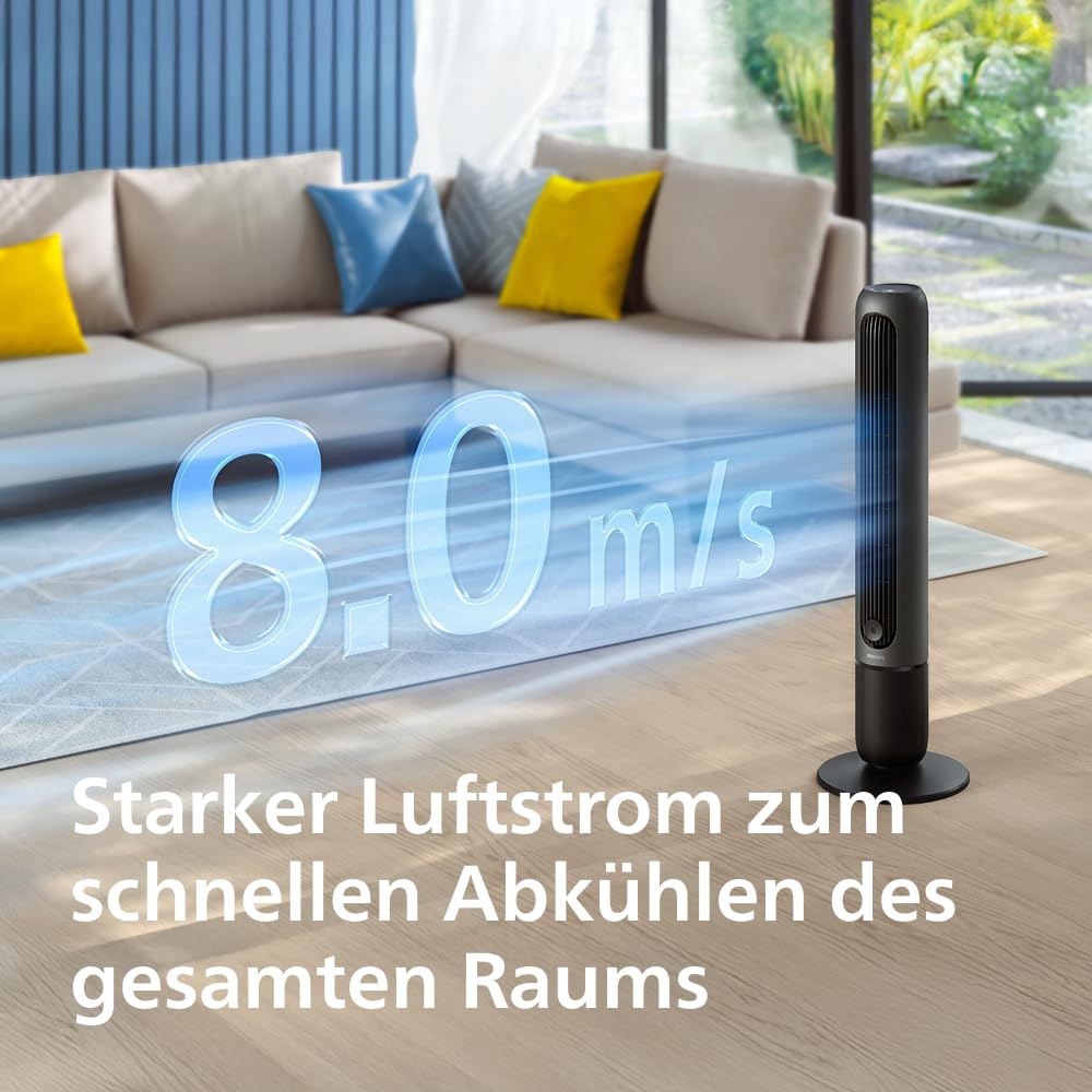 Philips tower fan 5000 Series. Powerful 8.0 m/s, ultra-quiet 24 dB, low energy consumption, remote control, 5 speed levels, sleep mode, 9-hour timer, 80° oscillation (CX5540/01)