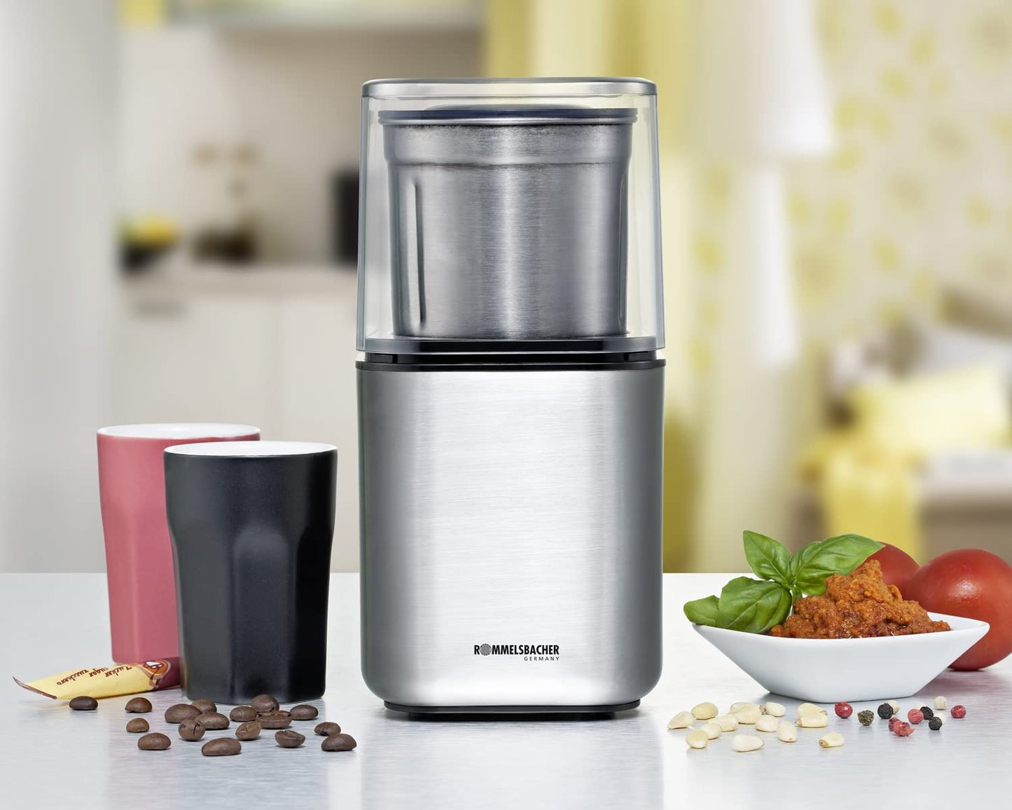 ROMMELSBACHER spice and coffee mill EGK 200, 2 stainless steel containers with impact knife & special knife, capacity 70 g, grinding level selectable over grinding time, also for pesto, spices, nuts, sugar, 200 watts
