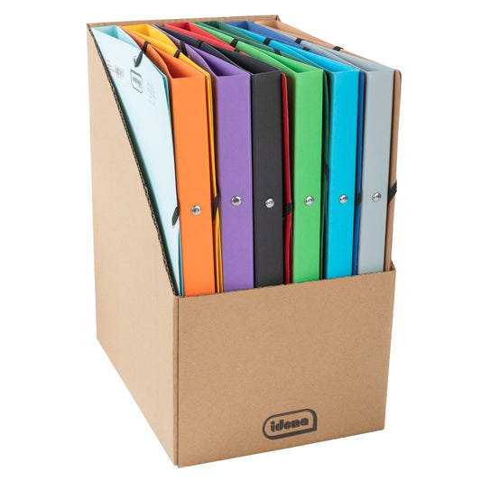 Idena 11097 - Eco ring binders made of cardboard in DIN A4, 12 colored folders with 20 mm spine width and 2-ring mechanism, elastic band at the corner