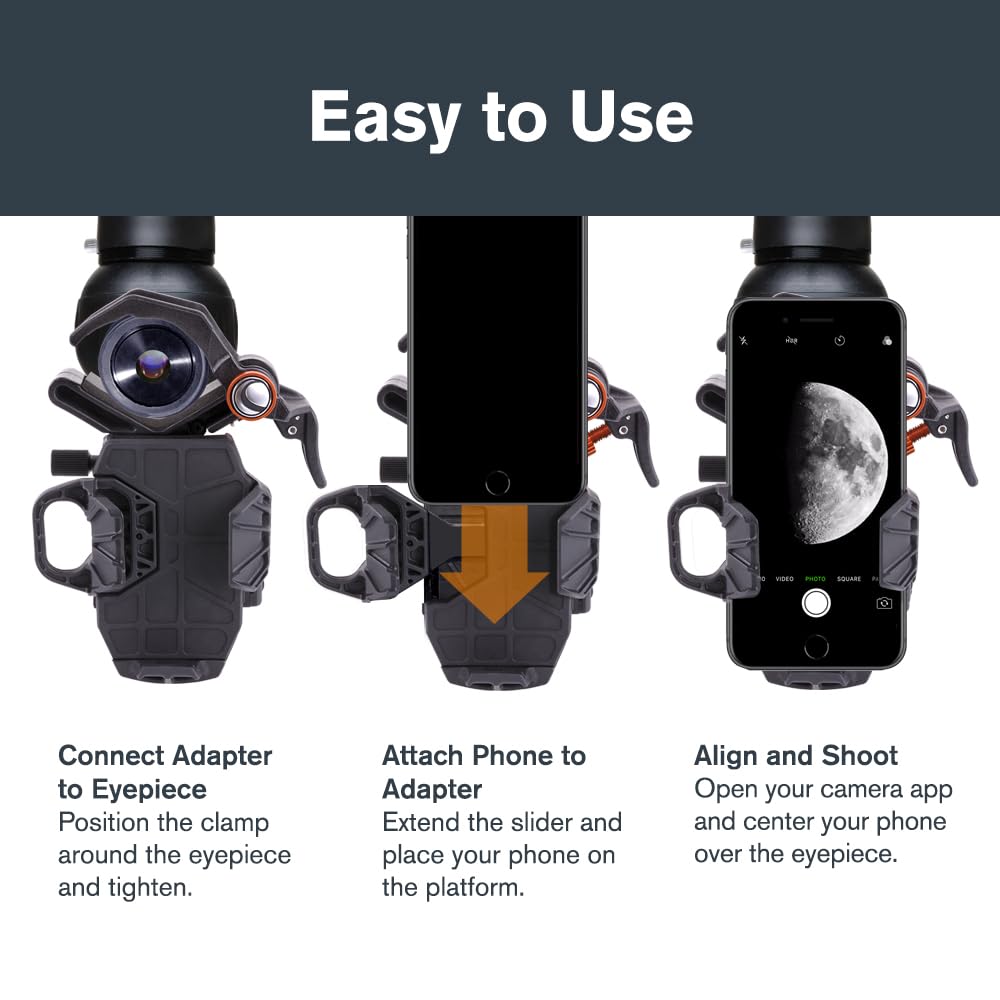 Celestron 81057 NexYZ DX 3-Axis Smartphone Adapter Set with Bluetooth Remote Shutter - Capture images and videos through your telescope, spotting scope, binoculars, monocular and microscope, Black