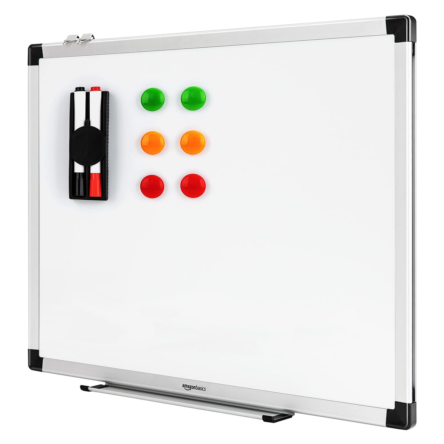 Amazon Basics magnetic whiteboard with aluminum frame, pen holder, 6 magnets, 1 eraser and 2 markers for office and home, wall mounting, dry wipeable, 60cm x 45cm - 1548964562