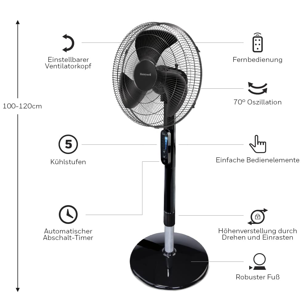 Honeywell Advanced QuietSet Oscillating Pedestal Fan (5 Speed Settings, Timer Function, 70° Oscillation, Height Adjustment, Remote Control, Easy to Use) HSF600B - HSF600BE4