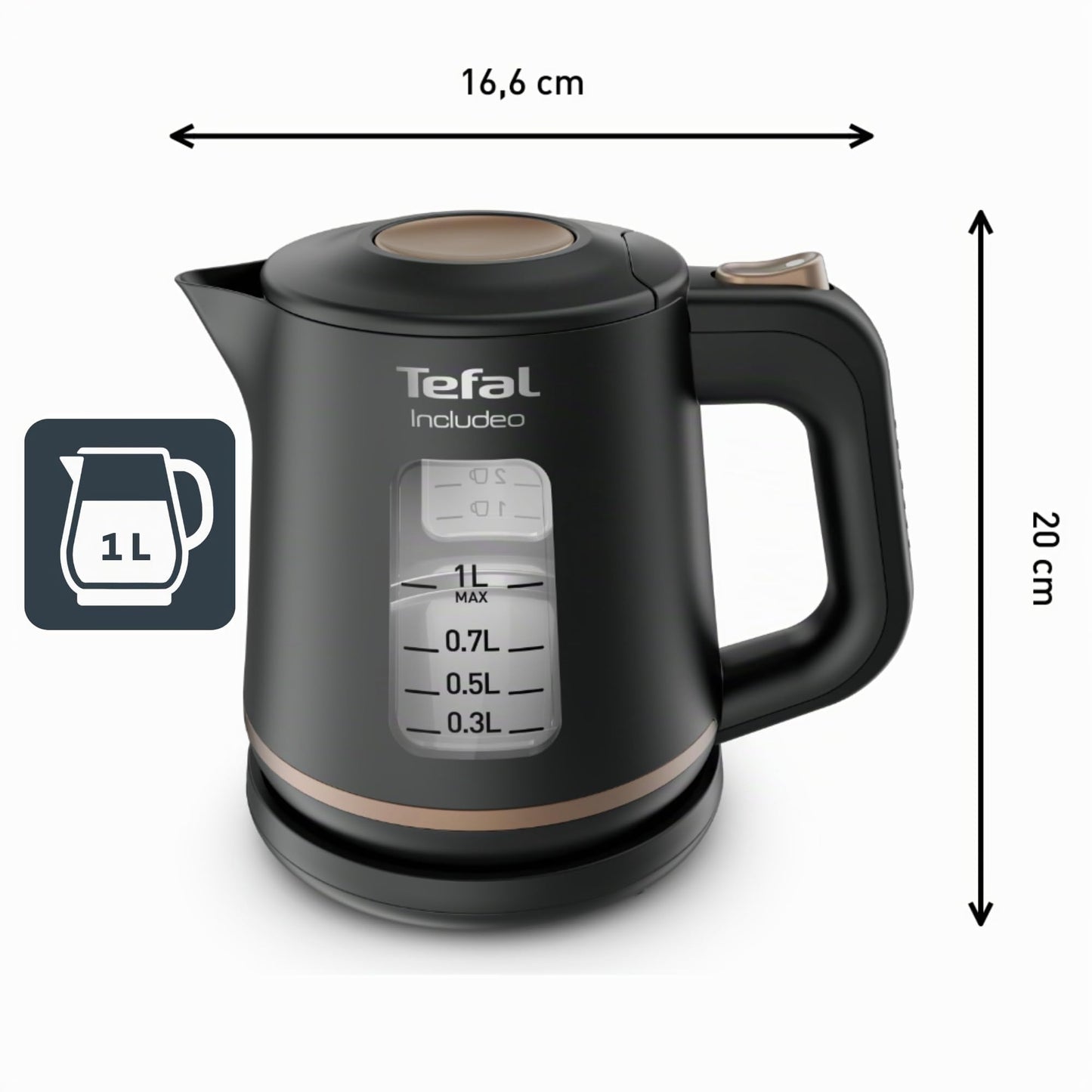 Tefal KI5338 Includeo kettle, capacity 1 L, anti-slip handle, easy-to-read water level indicator, 360° rotating base, removable filter, 2400 W, 23.3 x 16.6 x 20 cm