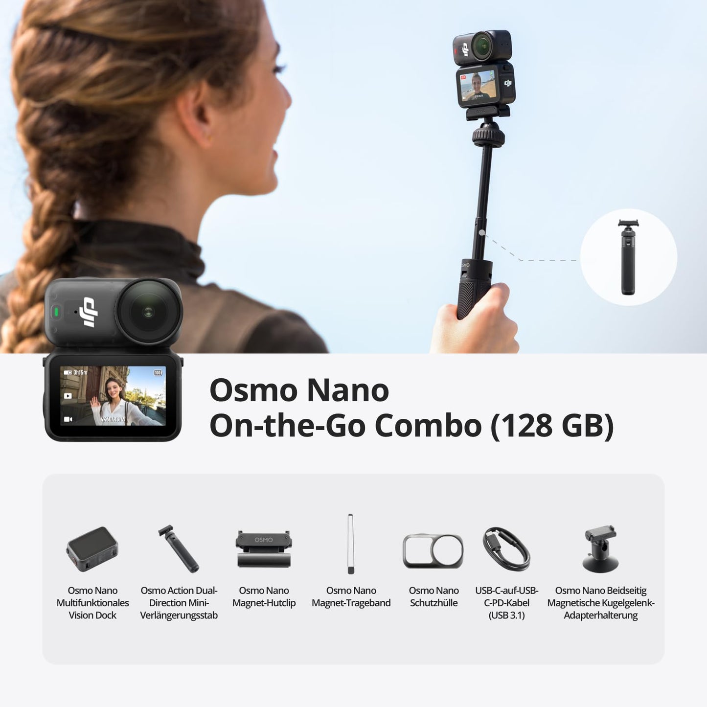 DJI Osmo Nano On-the-Go Combo (128GB) - Small 4K/60fps Vlog Camera with 1/1.3″ Sensor, 143° Wide Angle Video, 200 Min Recording, Mini Extension Wand, Magnetic POV Camera for Travel, Vlog - 6937224157705