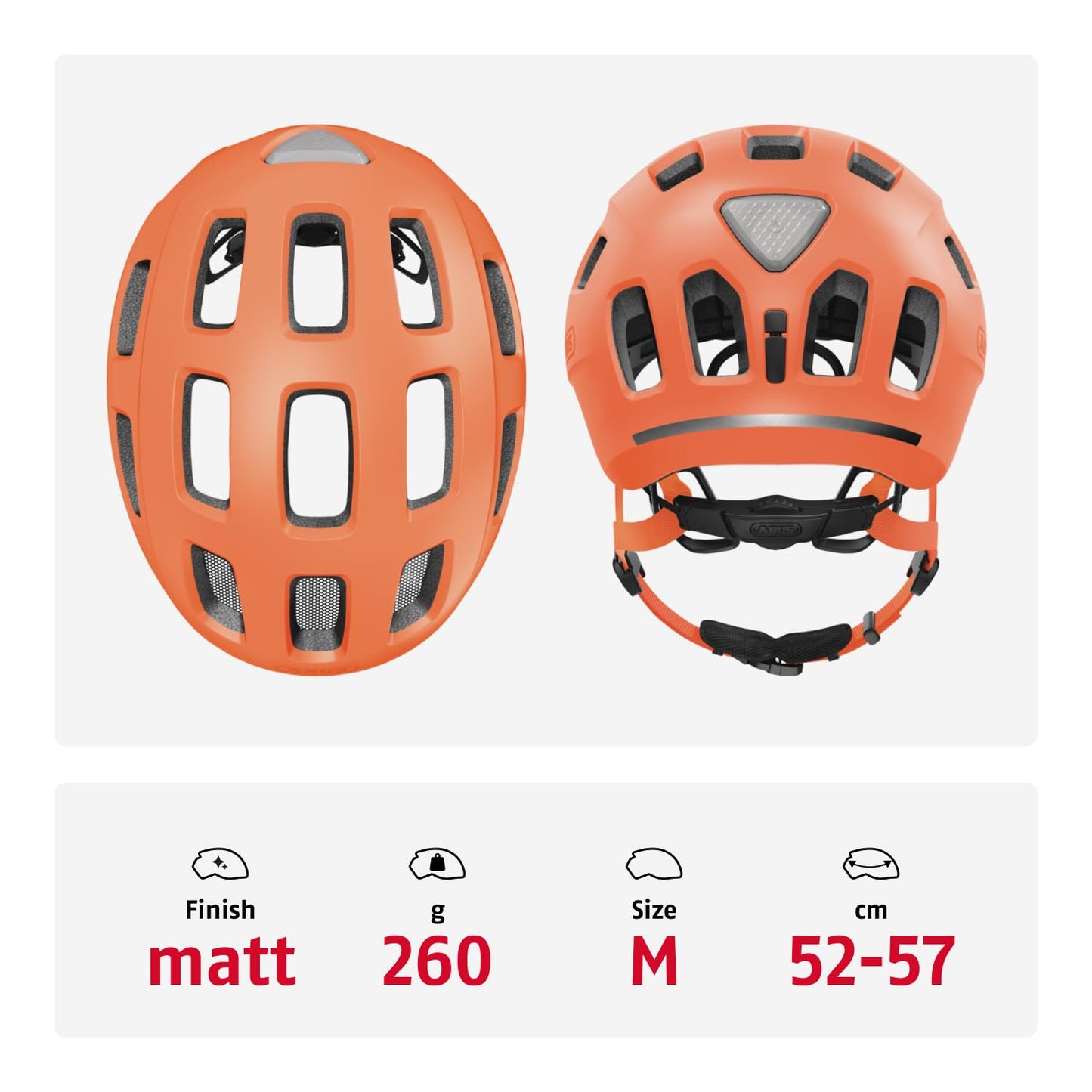 ABUS Youn-I 2.0 bicycle helmet - with light for children, teenagers and young adults - for girls and boys - mono orange, size M - 40171