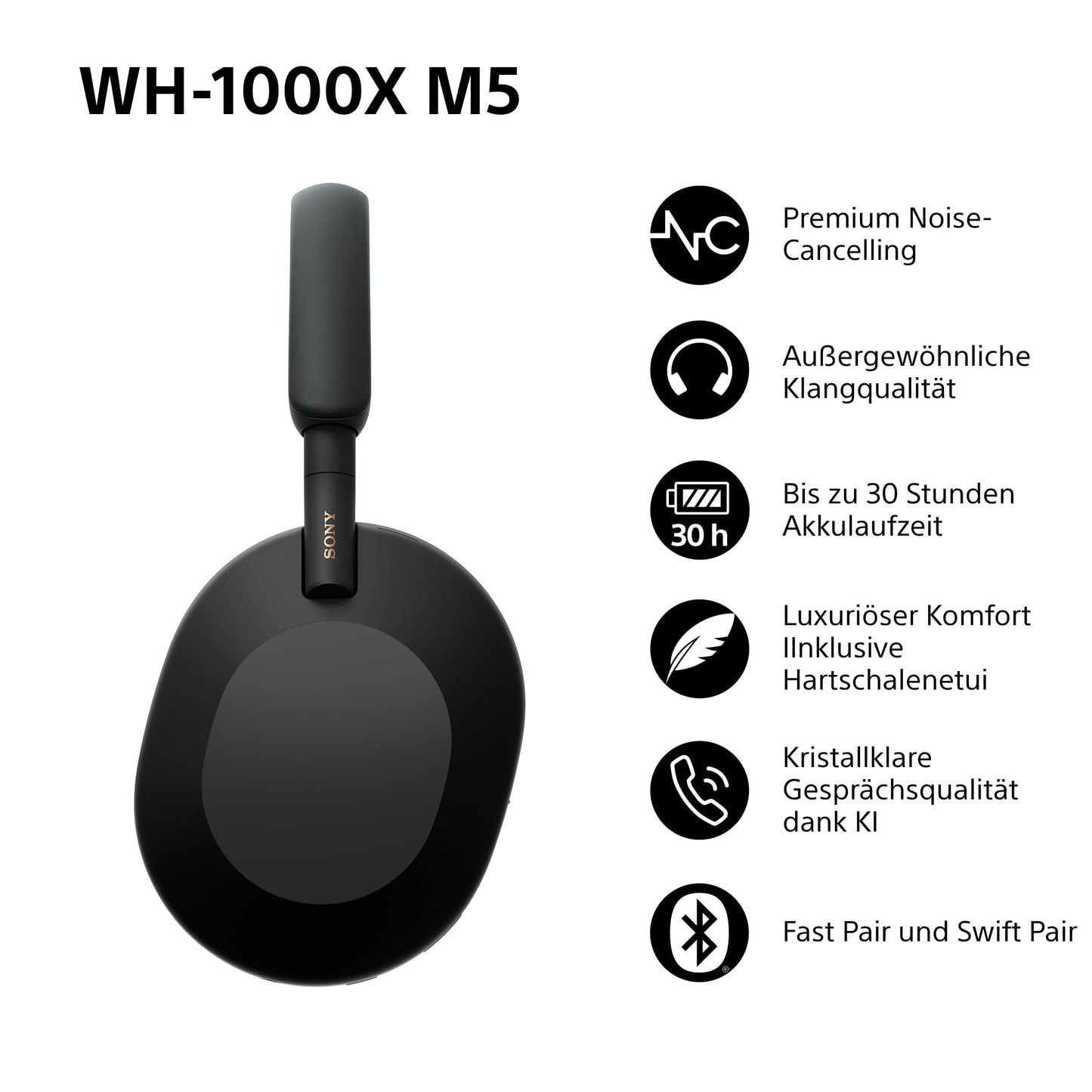 Sony WH-1000XM5 wireless over-ear headphones, active noise canceling at premium level with spatial 3D audio, transparency mode, up to 30 hours of battery life, Bluetooth, black - WH1000XM5B.CE7