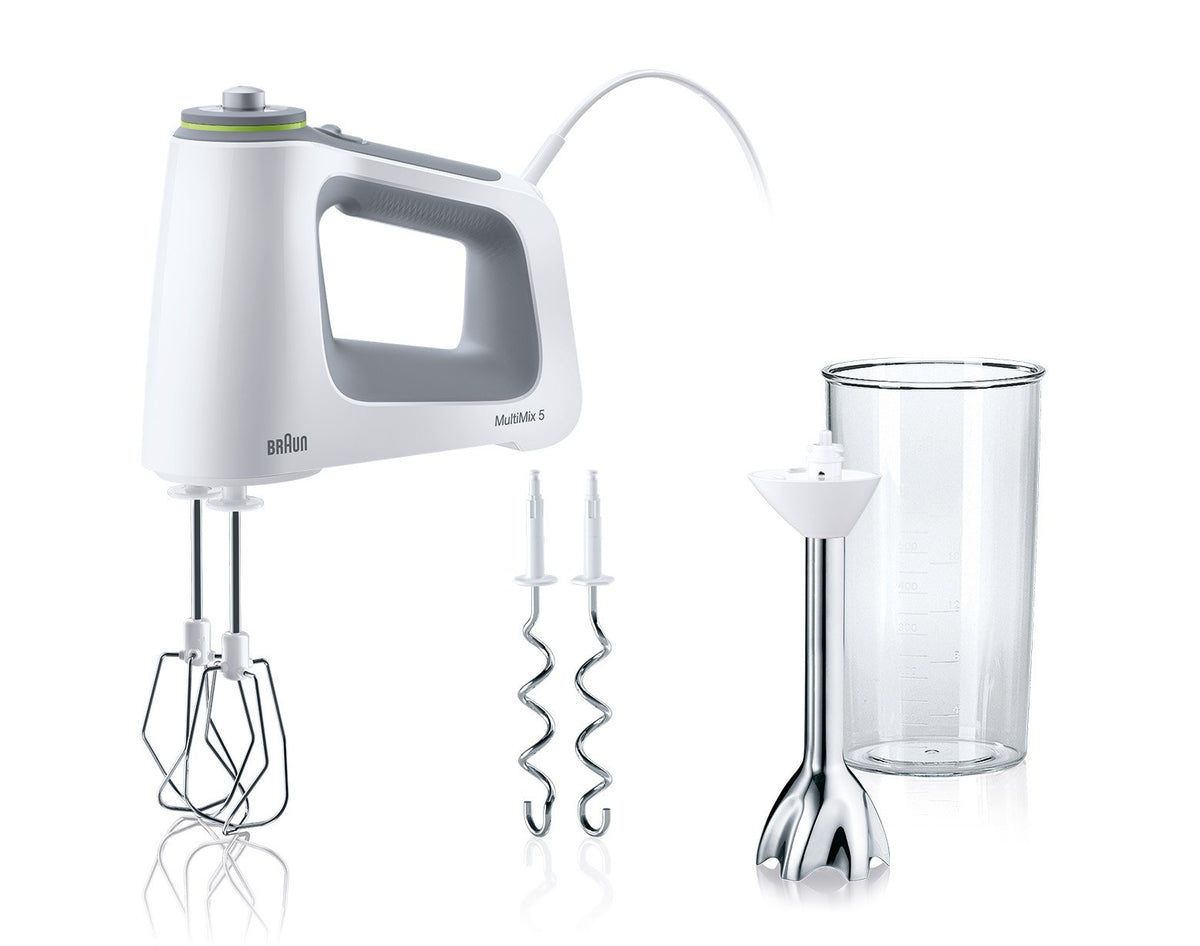 Braun Household MultiMix 5 HM 5107 Handmixer - Mixer de mână cu control al vitezei fără trepte, 750 Watt, inclusiv tel, cârlige de frământat, blender și pahar de mixare și măsurare de 600 ml, Alb/Gri