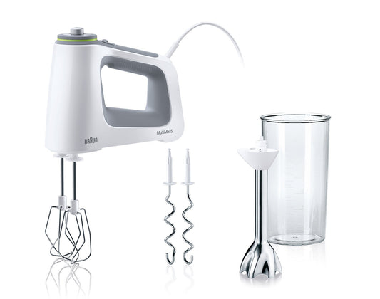 Braun Household MultiMix 5 HM 5107 Handmixer - Mixer de mână cu control al vitezei fără trepte, 750 Watt, inclusiv tel, cârlige de frământat, blender și pahar de mixare și măsurare de 600 ml, Alb/Gri