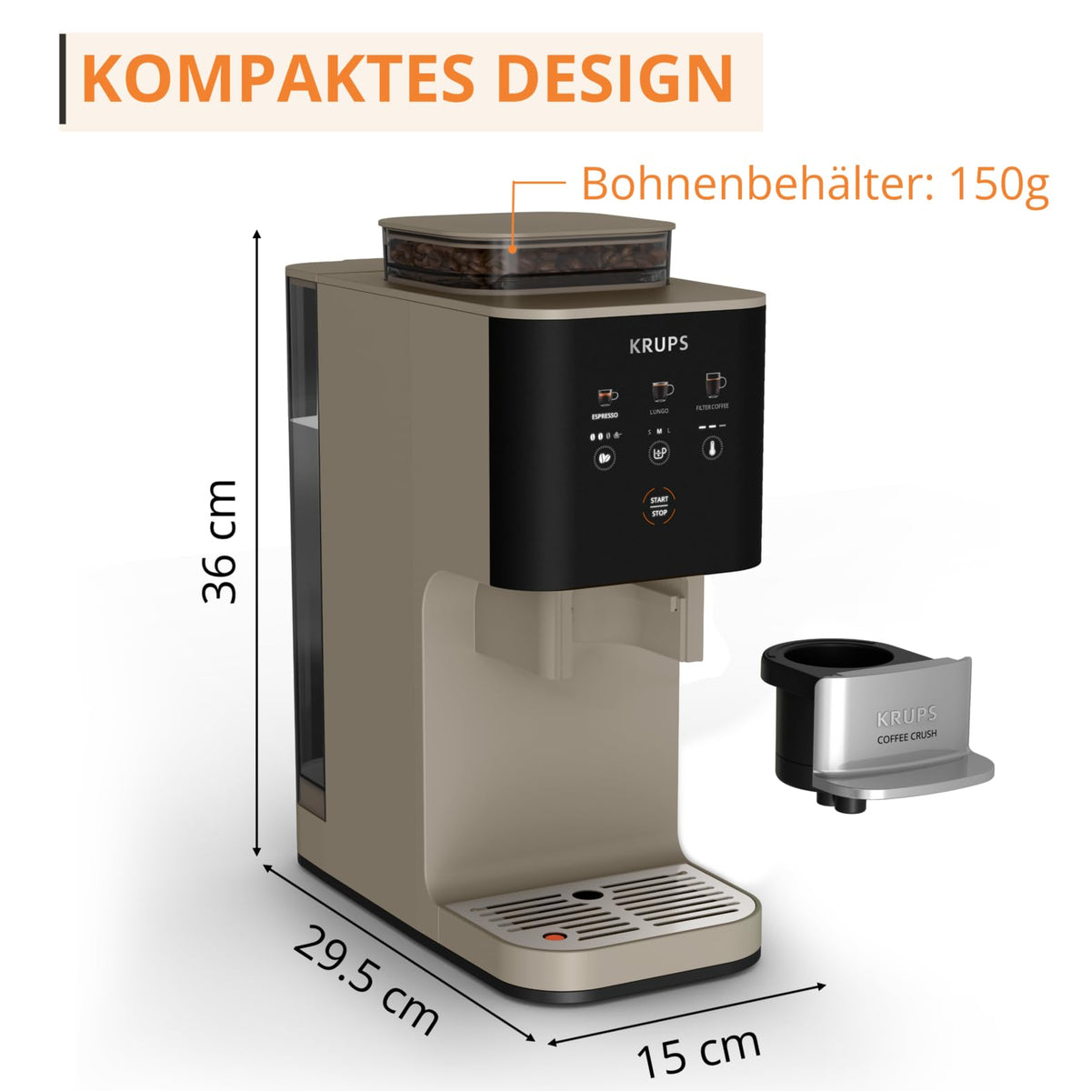 KRUPS Coffee Crush Extra Coffee Machine, only 15 cm wide, Beige - SA402AE0