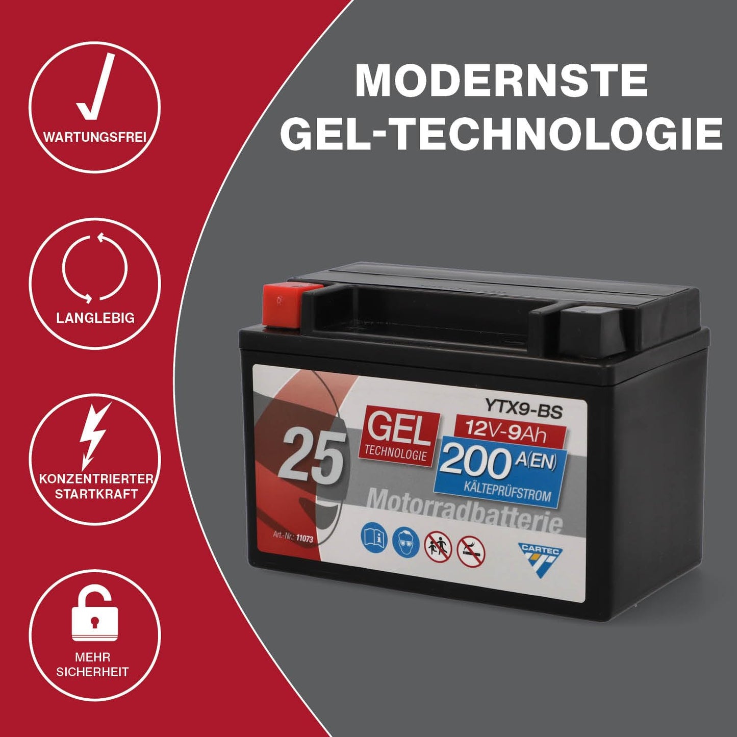 CARTEC motorcycle battery YTX9-BS, 9Ah, 200A, gel technology motorcycle starter battery, original equipment manufacturer quality, cycle-proof, storable, maintenance-free, black - 11073