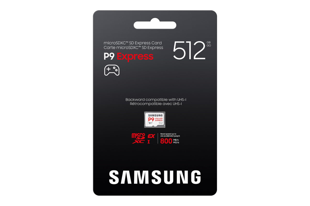Samsung P9 Express microSD Express 512 GB, cardă de memorie de înaltă viteză pentru gaming, compatibilă cu Nintendo Switch 2, cu viteze de citire de până la 800 MB/s și viteze de scriere de până la 310 MB/s. Ideală pentru video 4K UHD, console și camere,