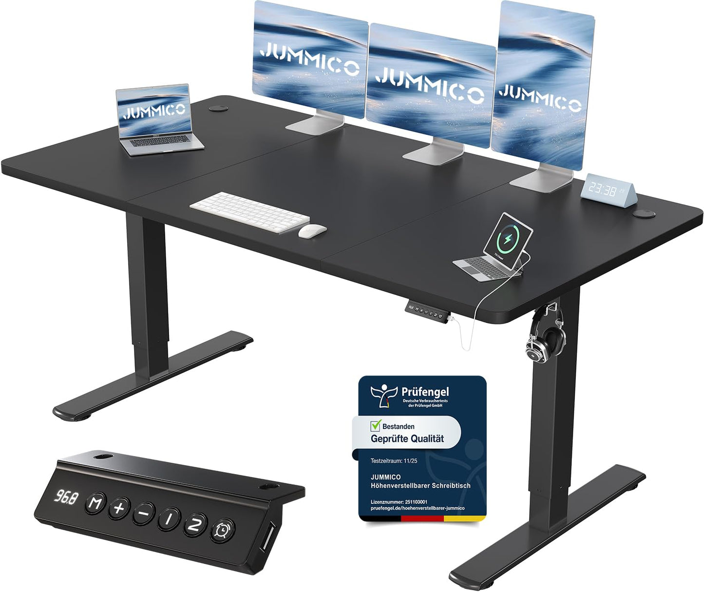 JUMMICO Birou reglabil pe înălțime cu port de încărcare USB, birou reglabil electric pe înălțime 160 x 70 cm, masă stand-sit, birou standing, masă de calculator reglabilă, birou standing, negru - 0403