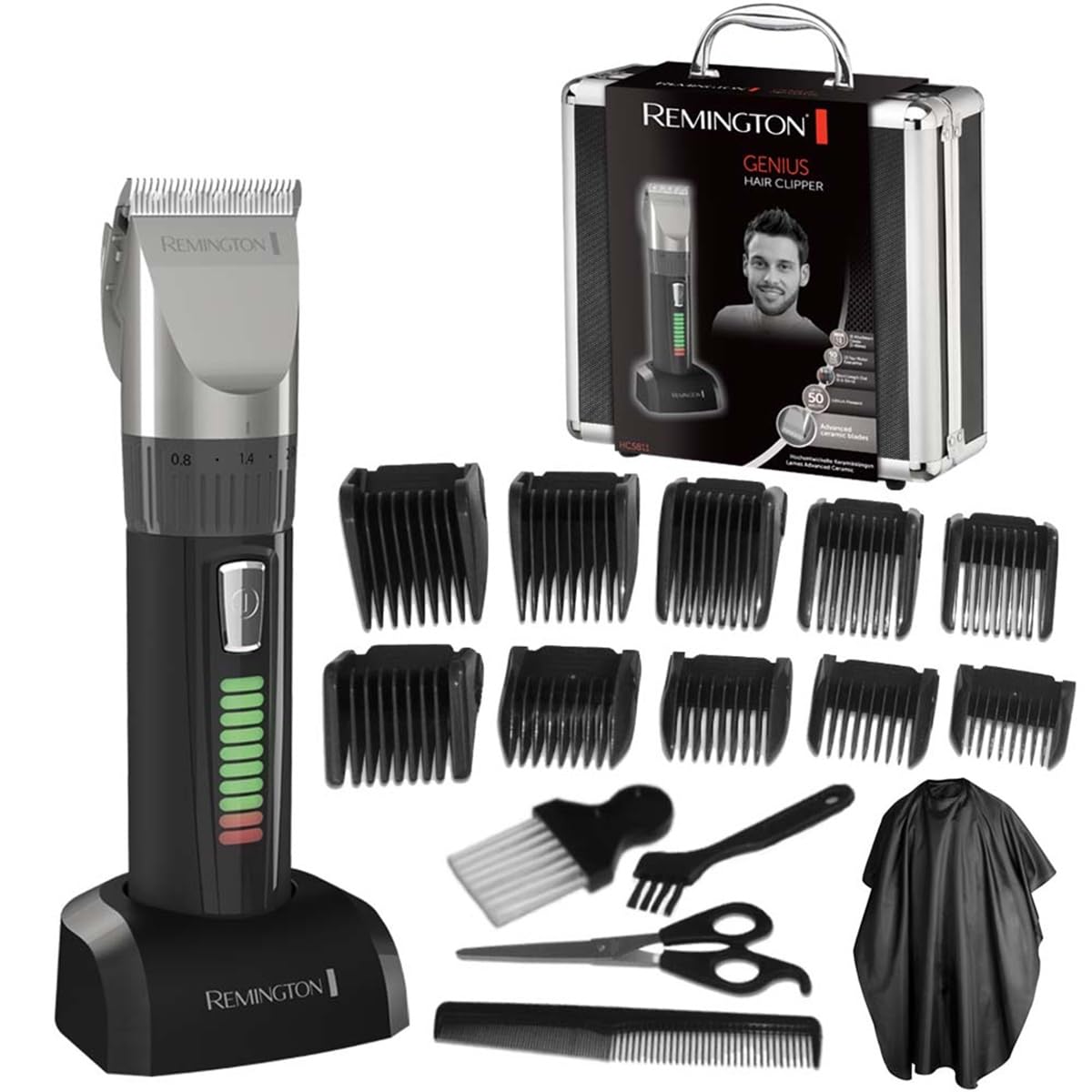 Remington Hair Clipper Professional [self-sharpening ceramic blades/0.8-40mm/precision adjustment] Hair Clipper Set (10 attachment combs, corded/cordless operation, lithium, aluminum case, hairdresser cape) HC5811