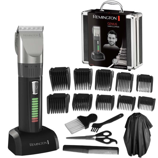 Remington Hair Clipper Professional [self-sharpening ceramic blades/0.8-40mm/precision adjustment] Hair Clipper Set (10 attachment combs, corded/cordless operation, lithium, aluminum case, hairdresser cape) HC5811