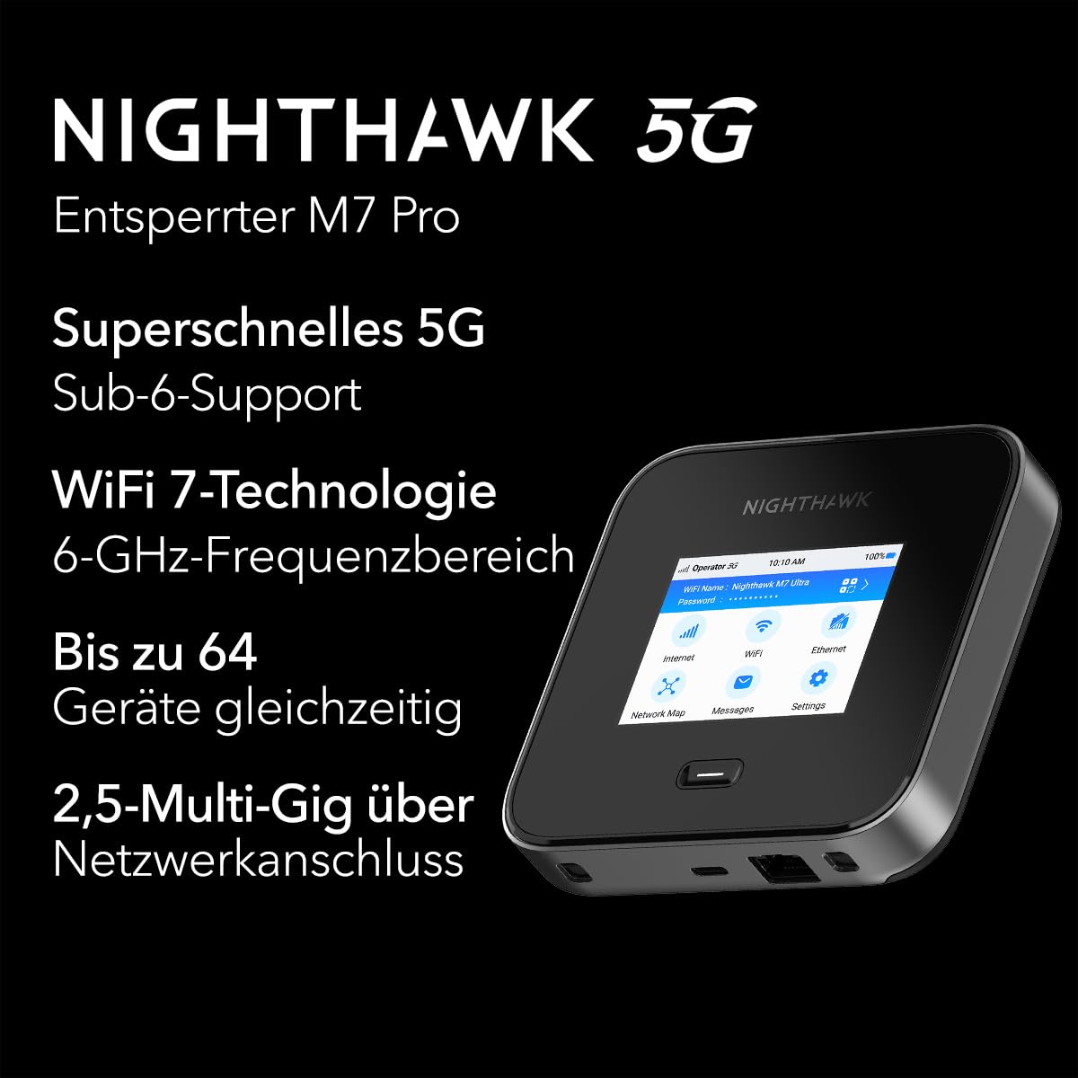 NETGEAR Nighthawk M7 Pro Router WLAN Mobil 5G, WiFi 7, până la 5,8 Gbit/s