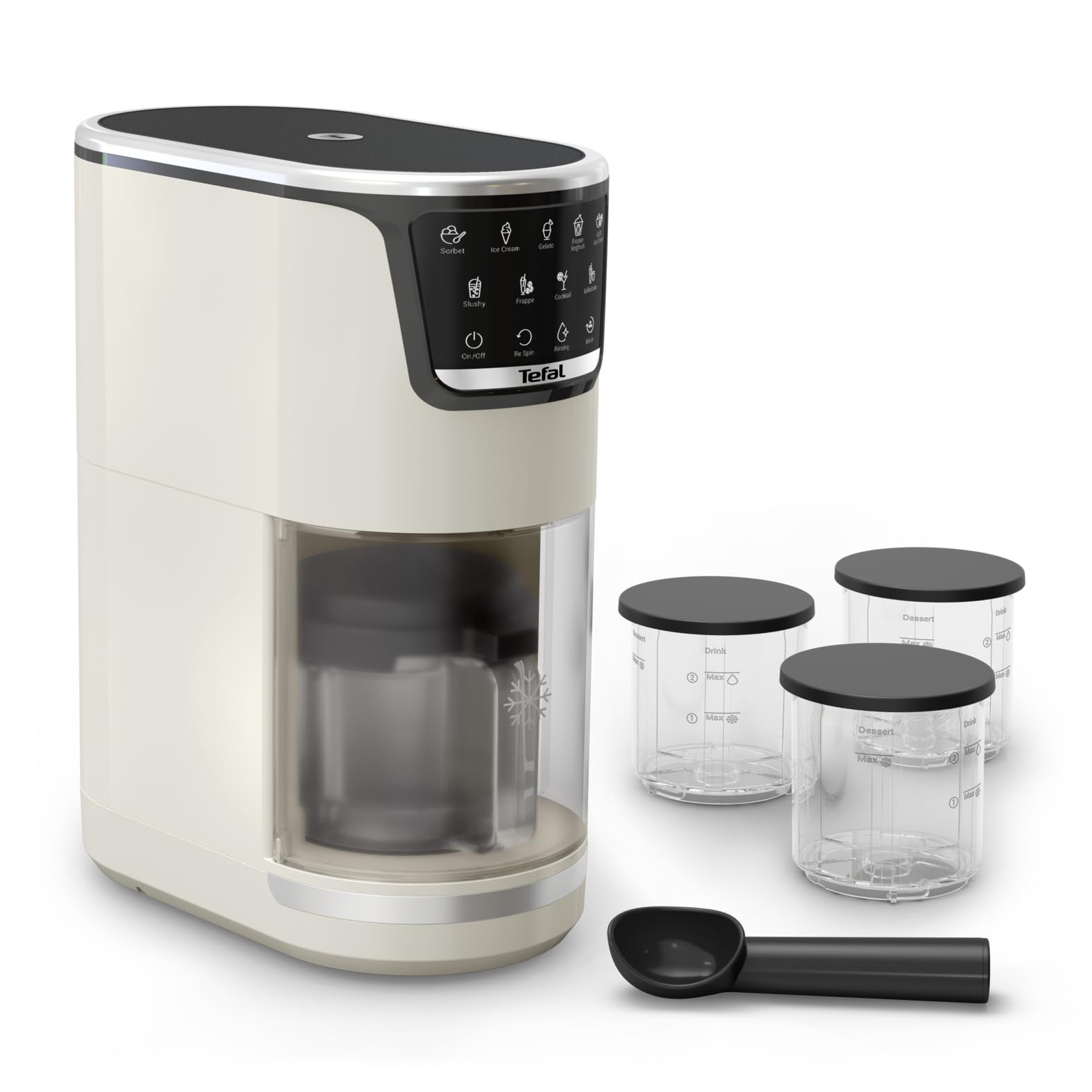Aparat de înghețată Tefal Dolci - înghețată moale, gelato și sorbet la o singură atingere, 10 programe și perfector în 1 etapă, include 3 cupe Tritan și lingură pentru înghețată, funcție de amestecare și program automat de curățare - IG604AE0