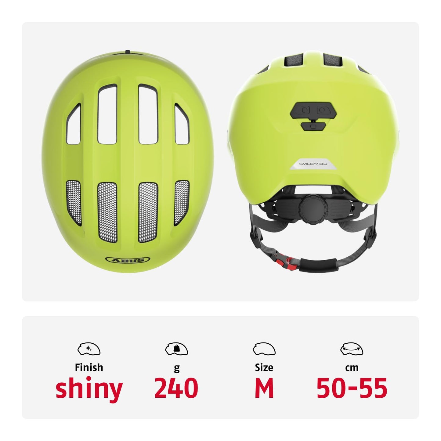 ABUS children's helmet Smiley 3.0 - bicycle helmet with a deep fit, child-friendly designs and space for a braid - for girls and boys - shiny yellow, size M - 67278