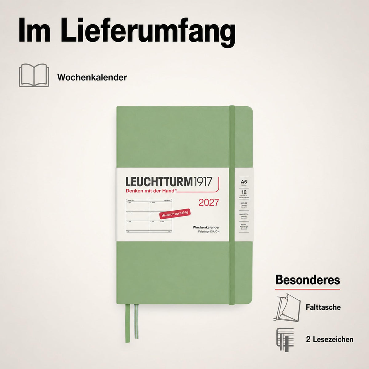 LEUCHTTURM1917 Calendar săptămânal 2027 Mediu (A5) - Germană, Salvie, Hardcover, 145 x 210 mm, 12 luni - ianuarie-decembrie 2027, 1 săptămână pe pagină dublă, hârtie de 80 g/m² cu compatibilitate ridicată cu cerneală - 400105