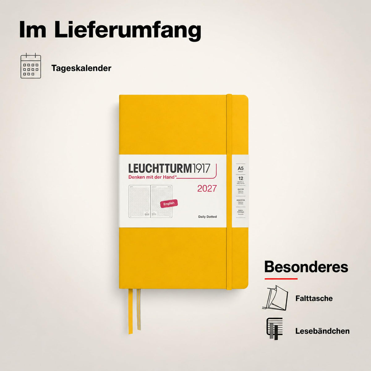 LEUCHTTURM1917 Calendar zilnic 2027 cu punct mediu (A5) - engleză, floarea soarelui, 145 x 210 mm, ianuarie-decembrie (12 luni), 1 pagină pe zi, grilă orară 7:00-22:00, copertă cartonată, hârtie de 80 g/m² - 400335