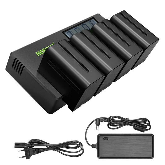NEEWER 4-Pack 7.4V 6600mAh NP-F970 Replacement Batteries with 4-Channel Charger and Power Supply, compatible with NP-F550/750/770/970 FM500H QM71D QM91D, field monitor, video light. - 10100926