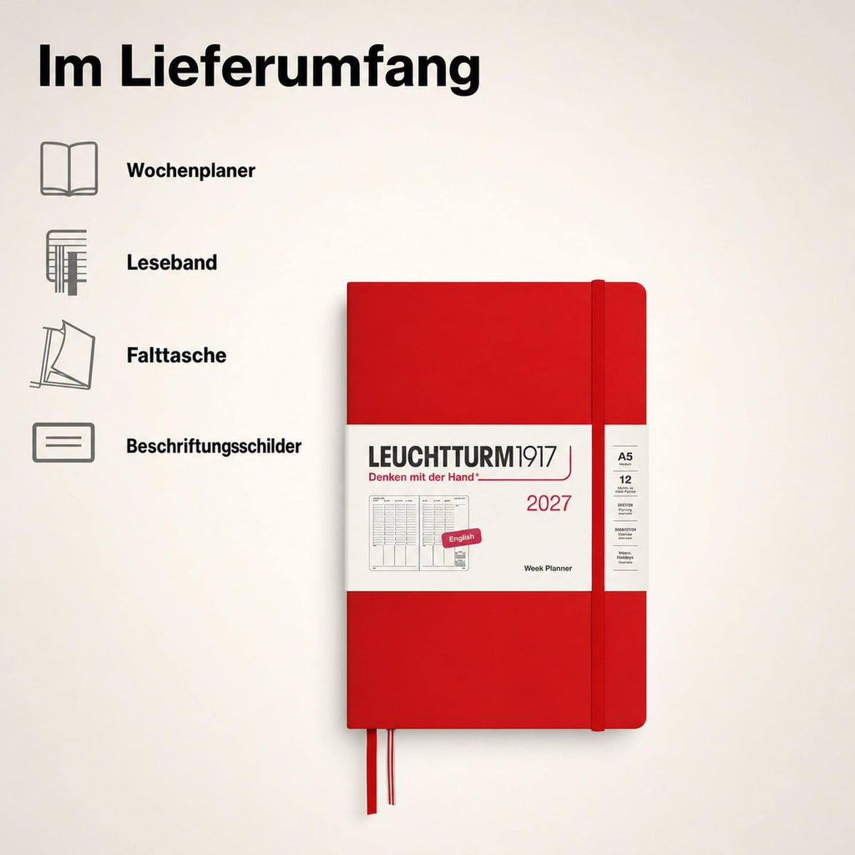 LEUCHTTURM1917 Planificator săptămânal 2027 Mediu (A5) - engleză, cireș, 210 x 145 mm, ianuarie-decembrie (12 luni), prezentare generală săptămânală cu grilă orară 7:00-22:00 per coloană, copertă cartonată, hârtie de 80 g/m² - 400314