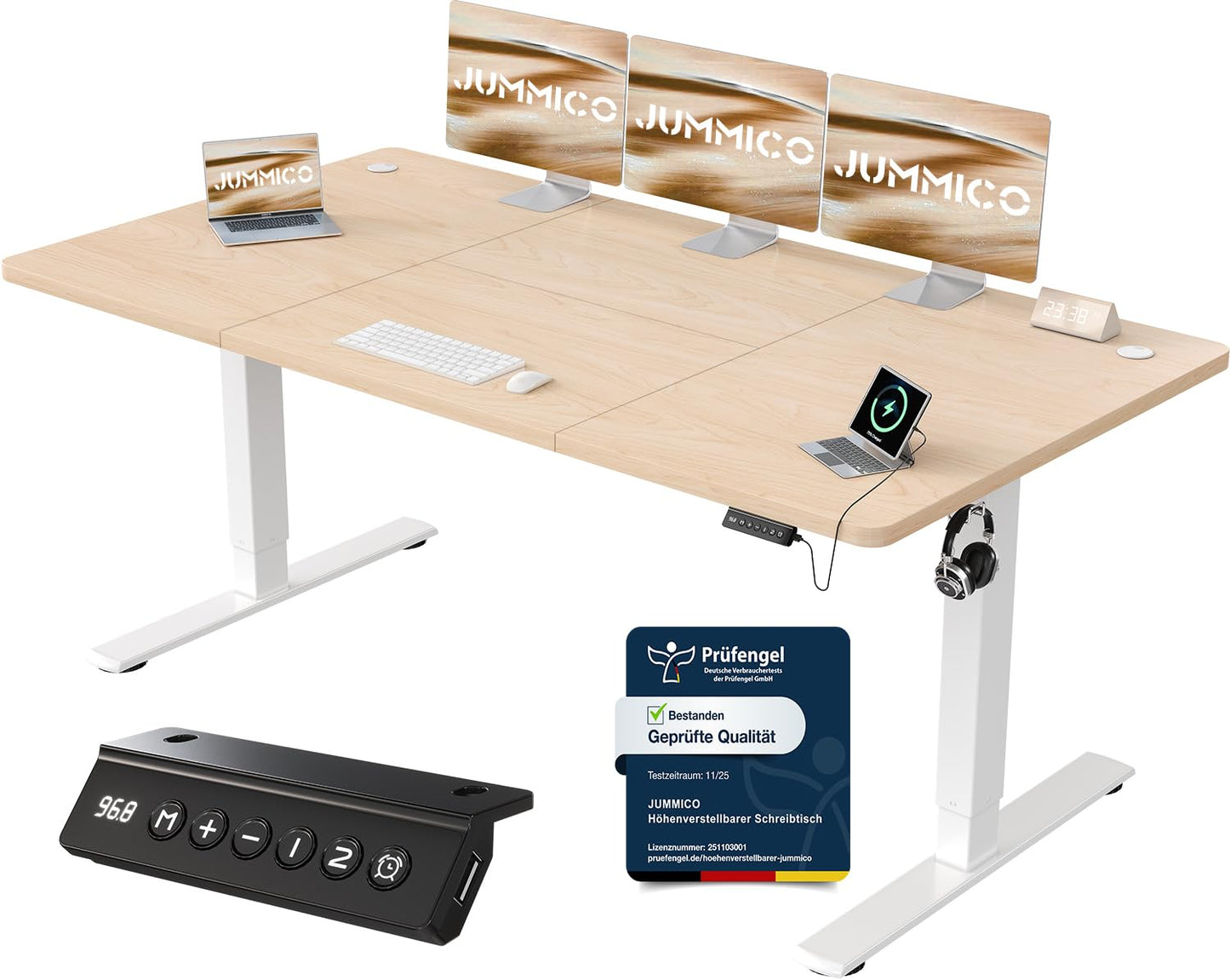 JUMMICO Birou reglabil pe înălțime cu port de încărcare USB, birou electric reglabil pe înălțime 180 x 80 cm, masă de stat-șezut, birou reglabil, masă de calculator reglabilă, birou reglabil, bej - 0403
