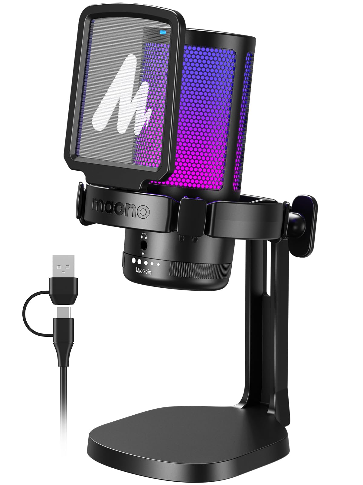 MAONO USB gaming microphone, noise cancellation condenser microphone with mute, gain, monitoring, pop filter for streaming, podcast, Twitch, YouTube, Discord, PC, computer, PS4 & 5, Mac, DGM20, black - Microphone