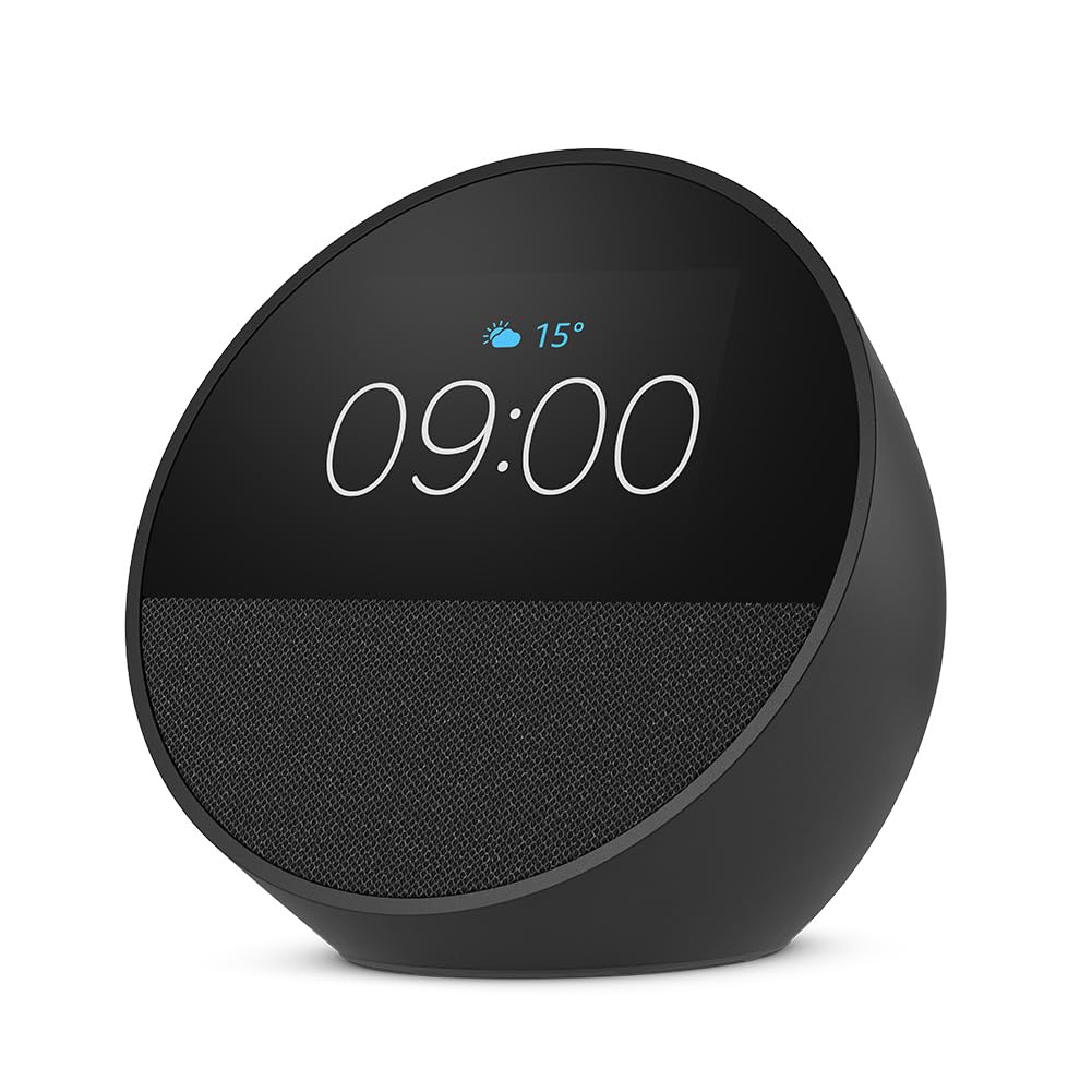Certified and refurbished Amazon Echo Spot (2024), smart alarm clock with rich sound and Alexa, black - BV84J9
