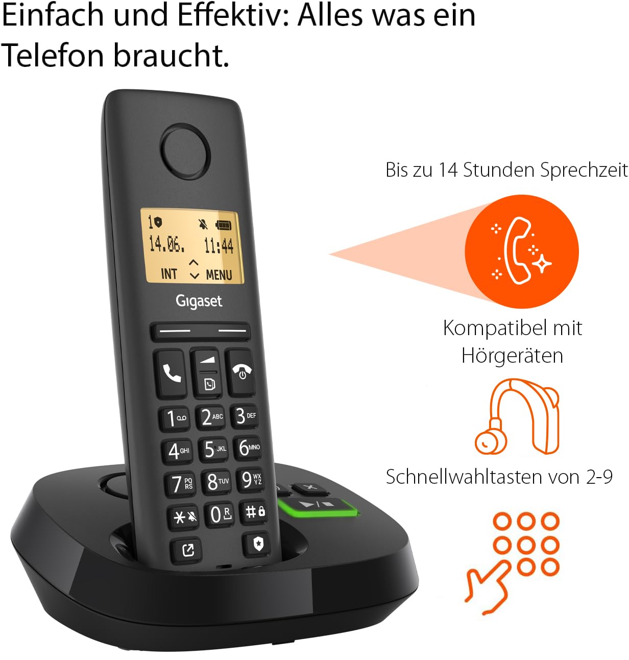 Gigaset Pure 120A - Cordless DECT telephone with answering machine - ECO DECT - call protection - illuminated display - hearing aid compatible, anthracite black [Compatible in DE, IT, FR, NL, BE, Che, AUT] - S30852-H3125-R143