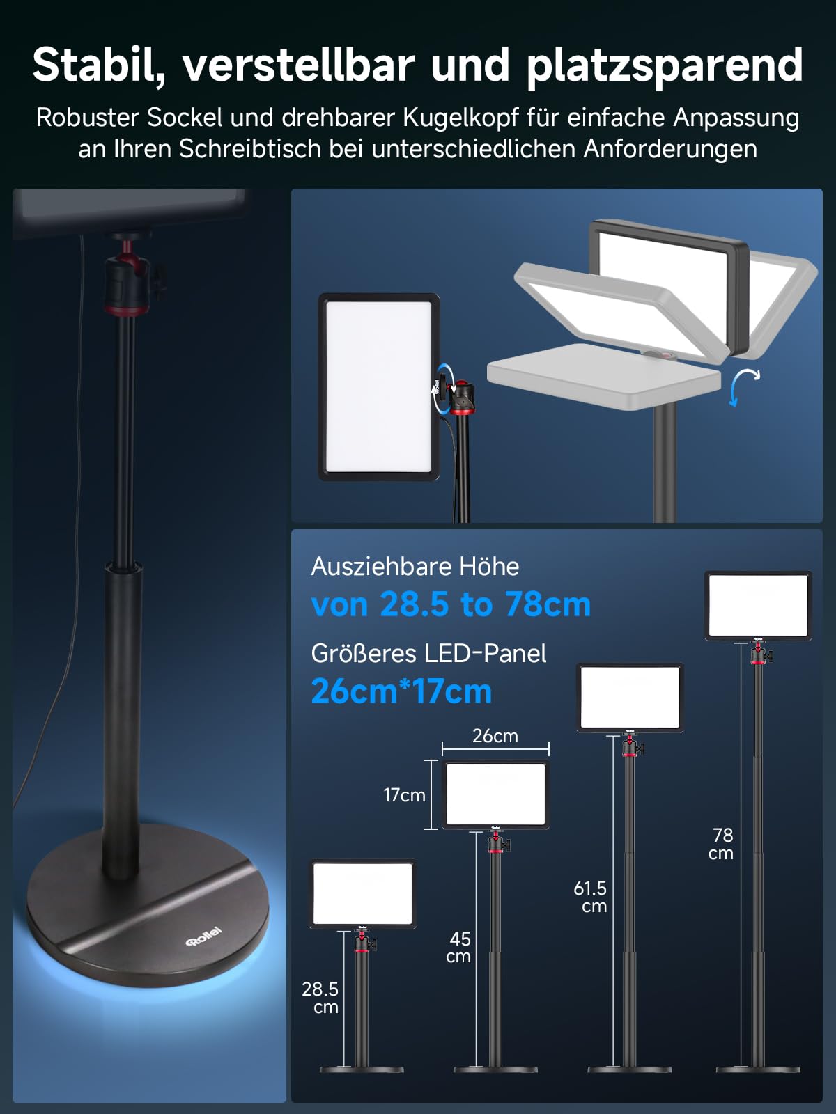 Rollei Lumis Key-Light, LED video light including table tripod and a remote control on the cable. Large bi-color desktop light with 192 dimmable LEDs (96 warm white + 96 cool white) - 28623