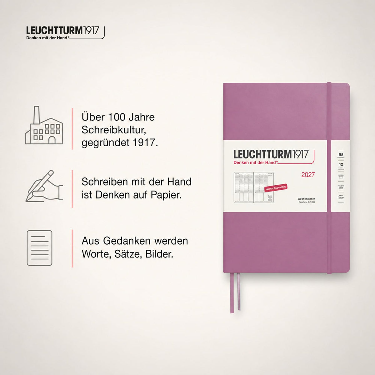 LEUCHTTURM1917 weekly planner 2027 Composition (B5) - German, Dusty Rose, 254 x 178 mm, January-December (12 months), weekly overview with hourly grid 7:00-22:00 per column, hardcover, 80 g/m² paper - 400142