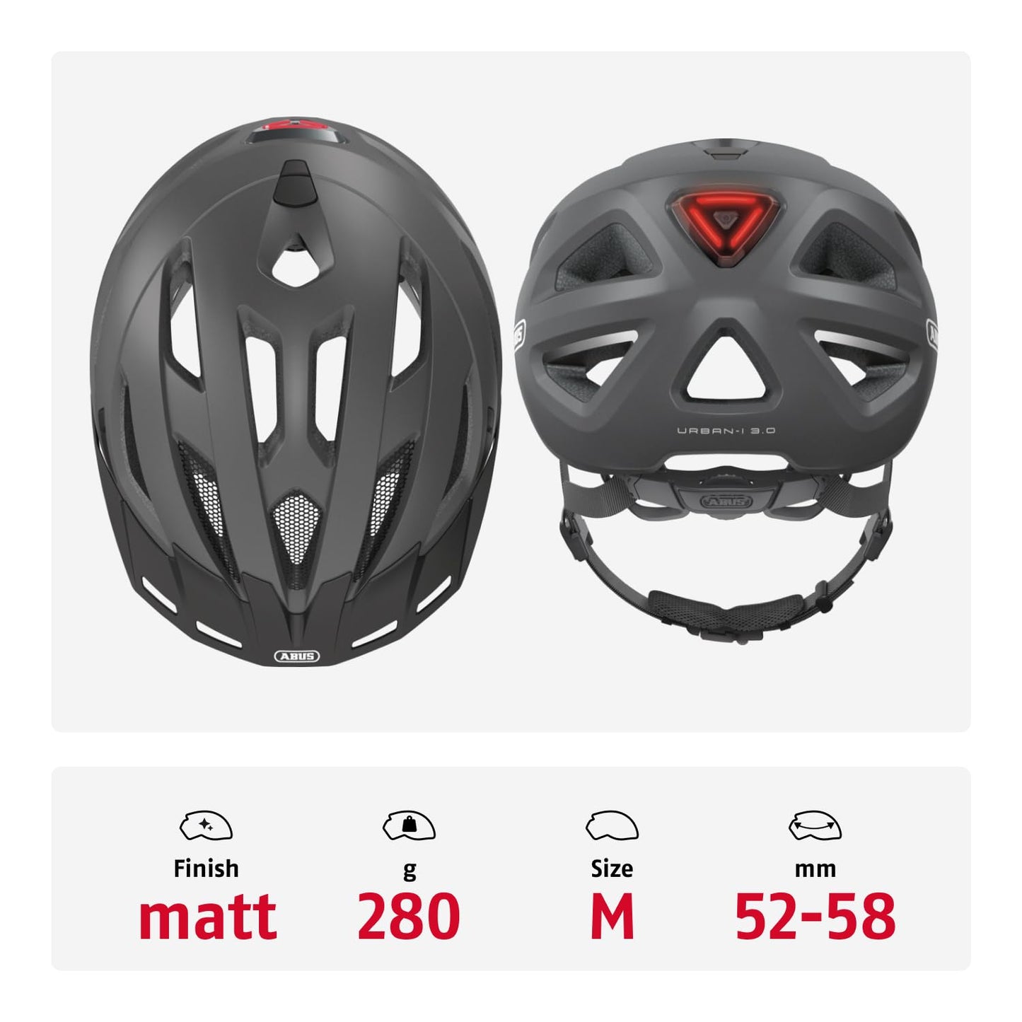 ABUS city helmet Urban-I 3.0 - bicycle helmet with rear light, peak and magnetic fastener - for men and women - titanium (greyish), size M - 86863