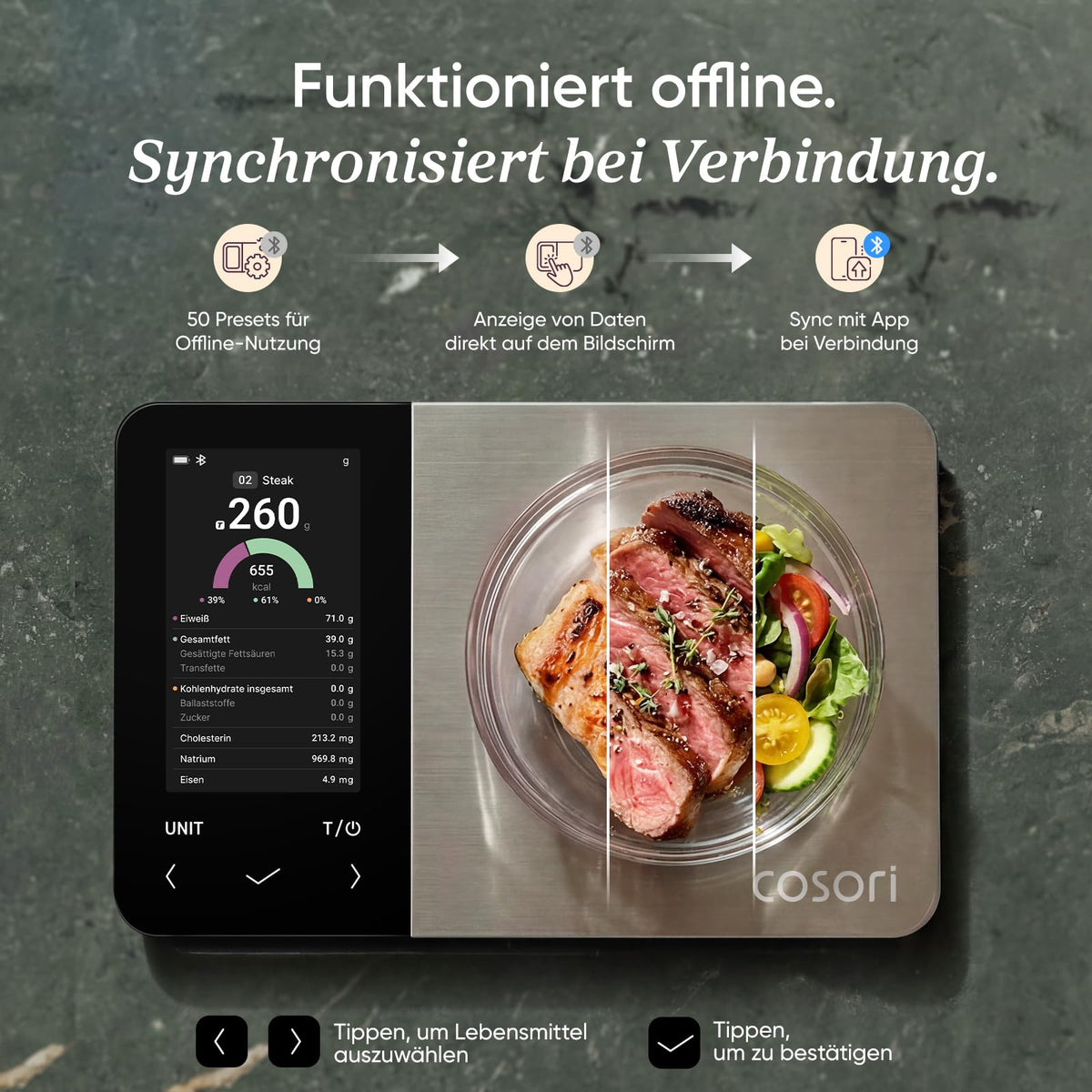 Cosori Stainless Steel Digital Kitchen Scale, Nutrition Scale App, USB Rechargeable, XL - CNS-R002S-S
