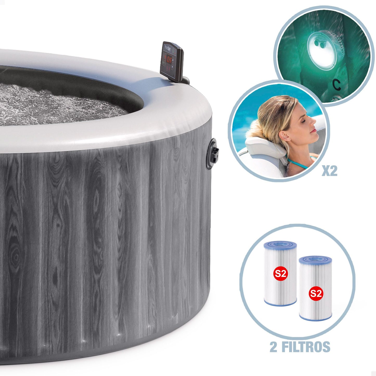 INTEX PureSpa Greywood Deluxe - 4-person whirlpool, with gray wood grain, 140 air jets, 2200 W heater, with LED lighting, water softening system & app control - 28440NP