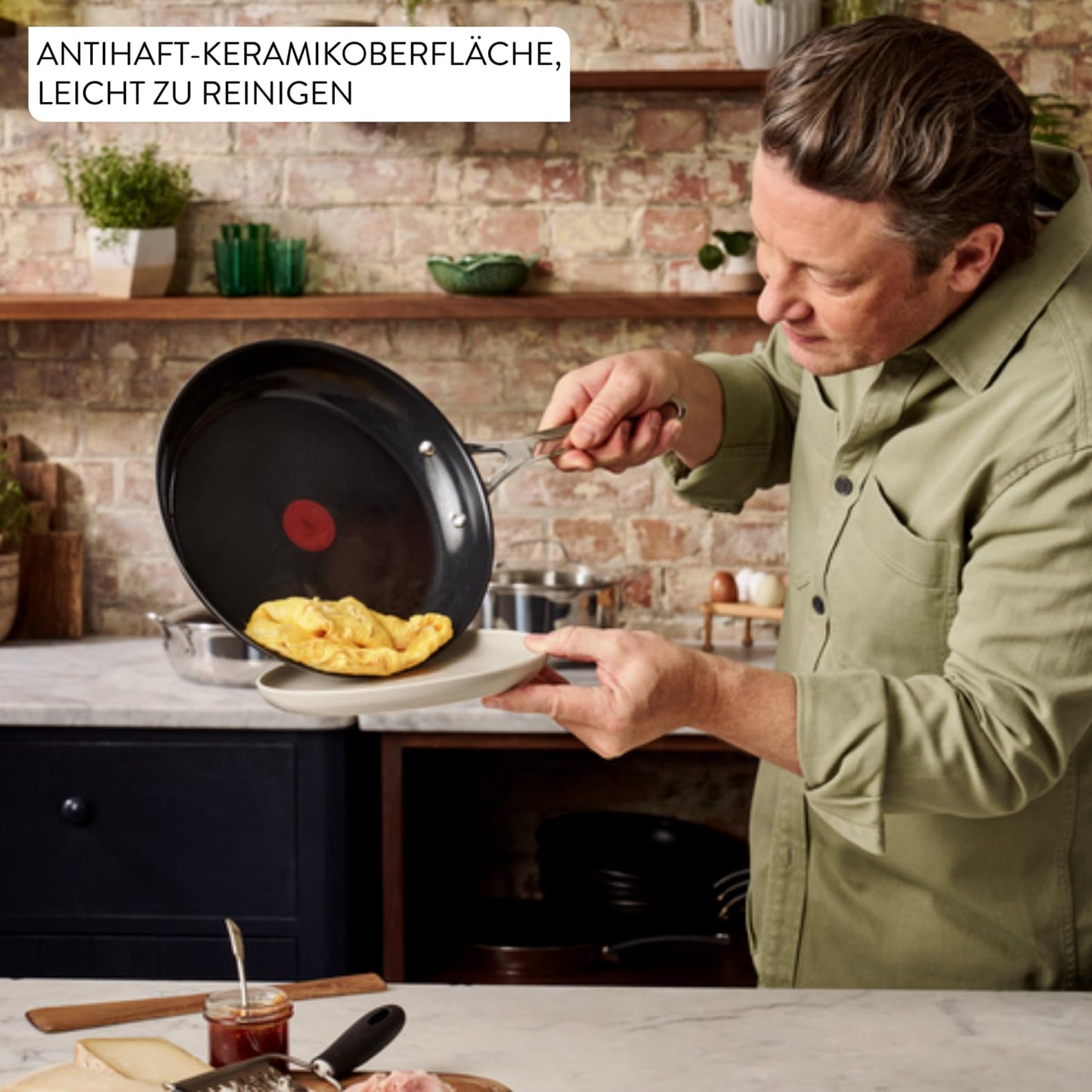 Tefal Jamie Oliver by Direct Cook frying pan 28 cm, including pan protector, ceramic non-stick surface, long-lasting seal, thermal signal, for all types of stoves, oven safe, stainless steel - H8802S