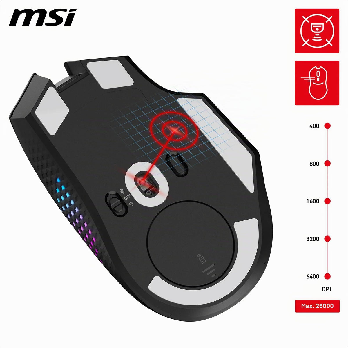 MSI Versa PRO Wireless + Mouse Dock PRO Gaming Mouse – Charging Station, 26000 DPI optical sensor, designed for right-handed users, 70 million clicks, 80 hours battery life, 97 g – wired/wireless - S12-4301370-CLA