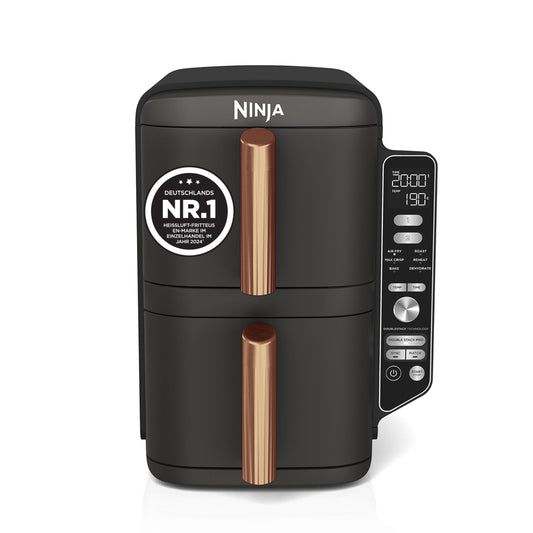 Ninja Double Stack XL Air Fryer, 2 Vertical Drawers, 4 Cooking Levels, 2 Shelves, Space Saving Design, 9.5L Capacity, 6 Functions, 8 Servings, Tongs, Black/Copper SL400EUCP