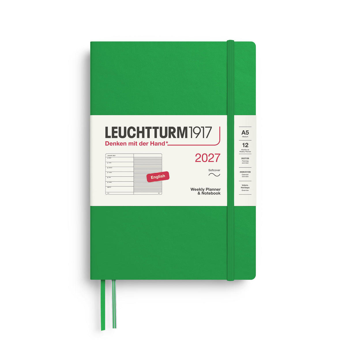 LEUCHTTURM1917 Calendar săptămânal 2027 mediu (A5) cu carnet, cu linii - planificator de întâlniri în engleză, frunză de primăvară, copertă moale, 145 x 210 mm, ianuarie-decembrie 2027, prezentare generală săptămânală în stânga + pagină cu note în