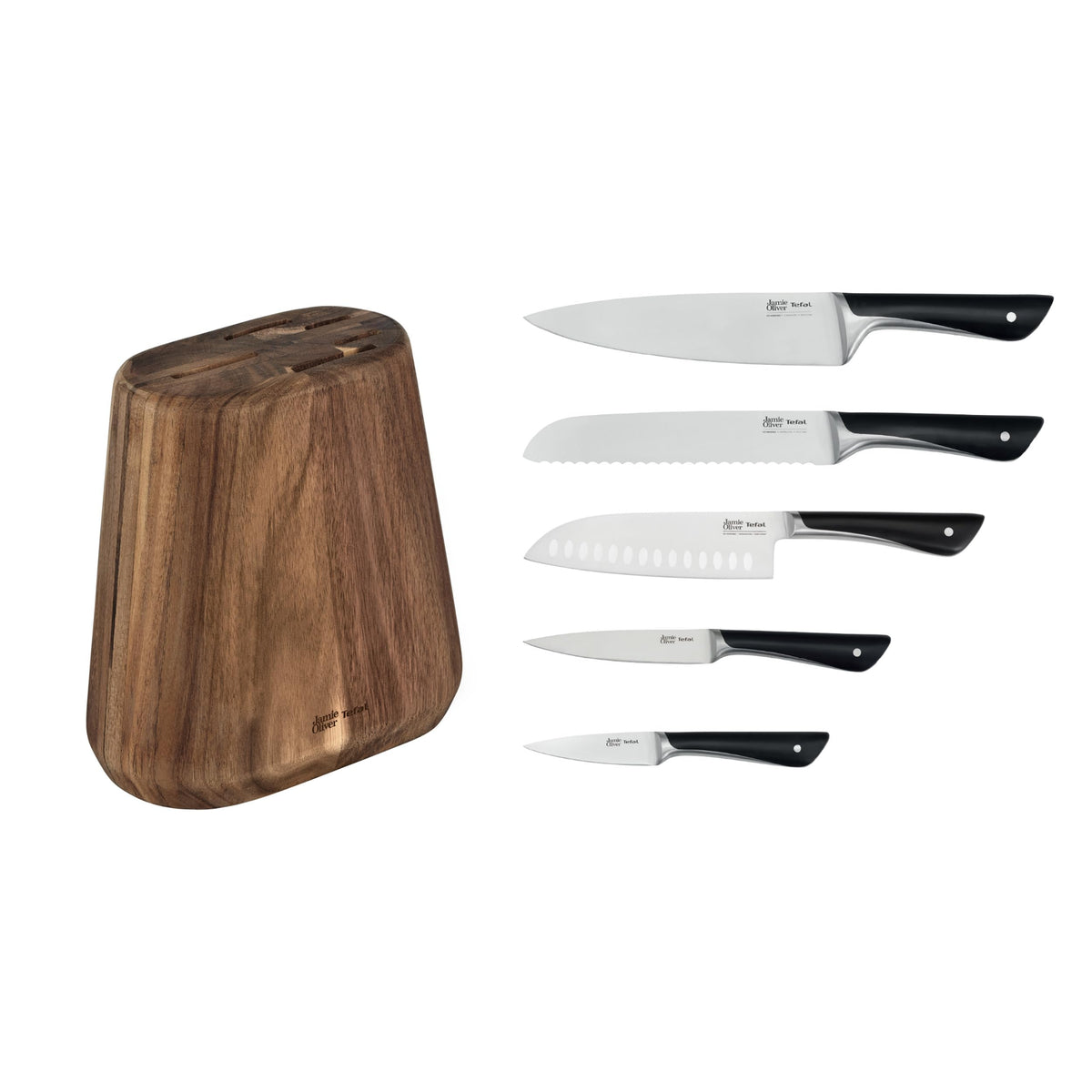 Jamie Oliver by Tefal 5-piece Kitchen Knife Set + Block, Chef/Santoku/Bread/Utility/Peeling Knife, ice-hardened, German stainless steel blades, acacia wood block, brown, K267S556